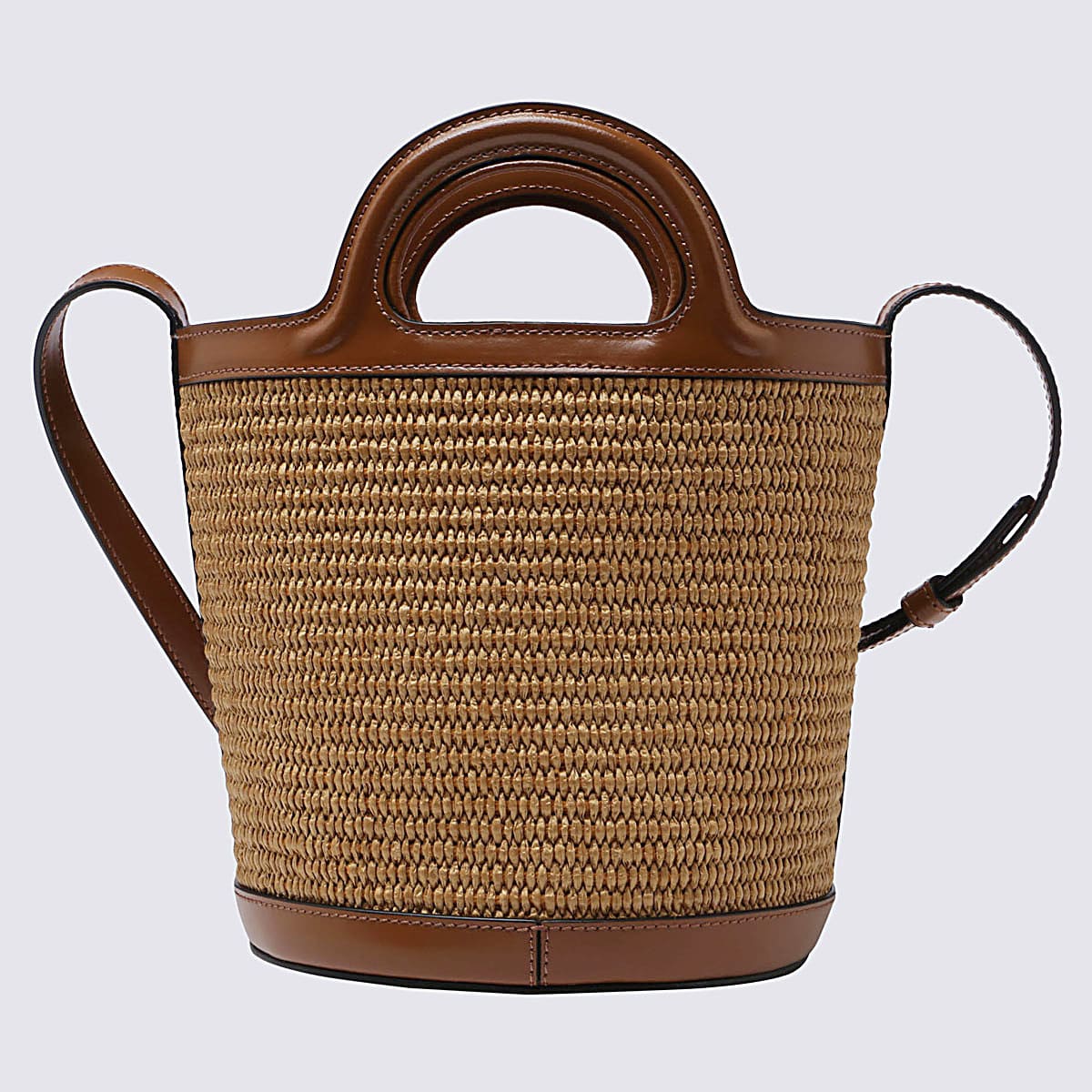 Shop Marni Brown Raffia And Leather Tropicalia Mini Bucket Bag In Raw Sienna