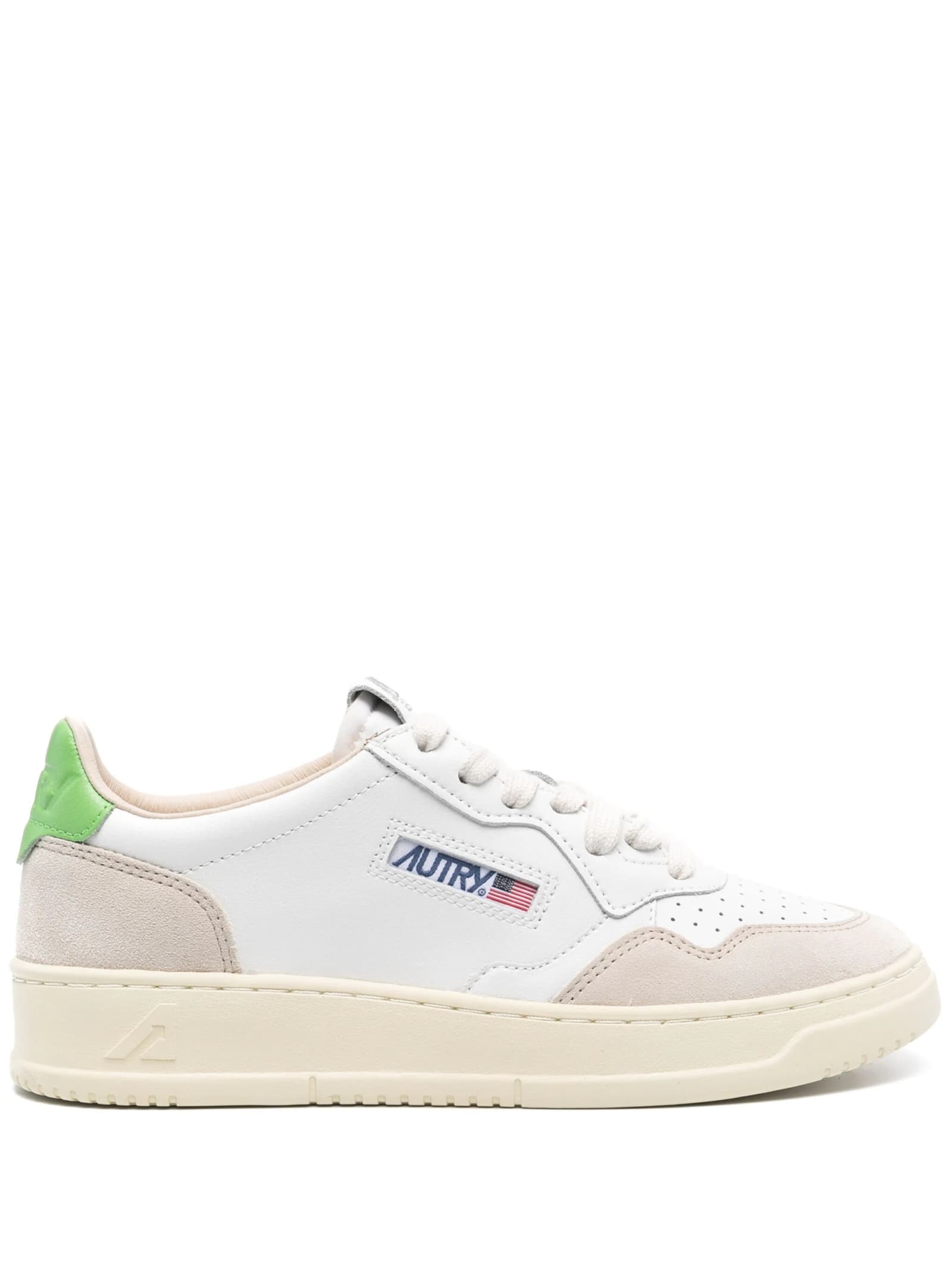 Autry Medalist Low Sneakers In White And Green Suede And Leather