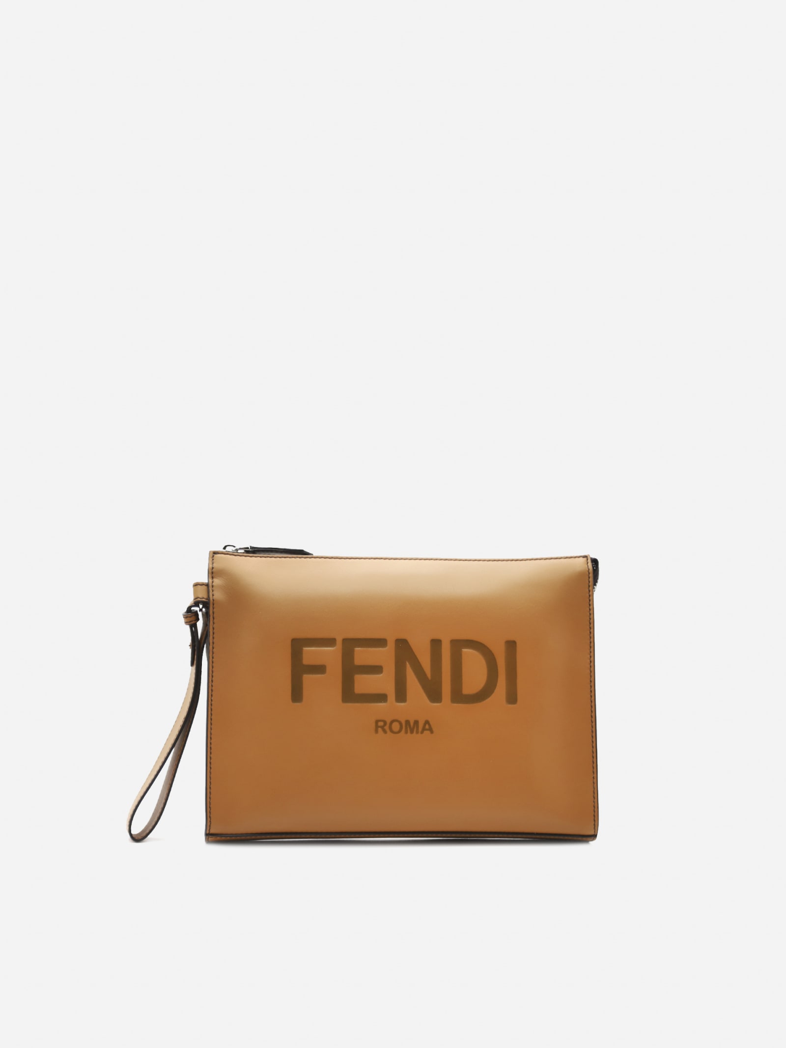 Fendi Flat Leather Pouch With Logo Lettering