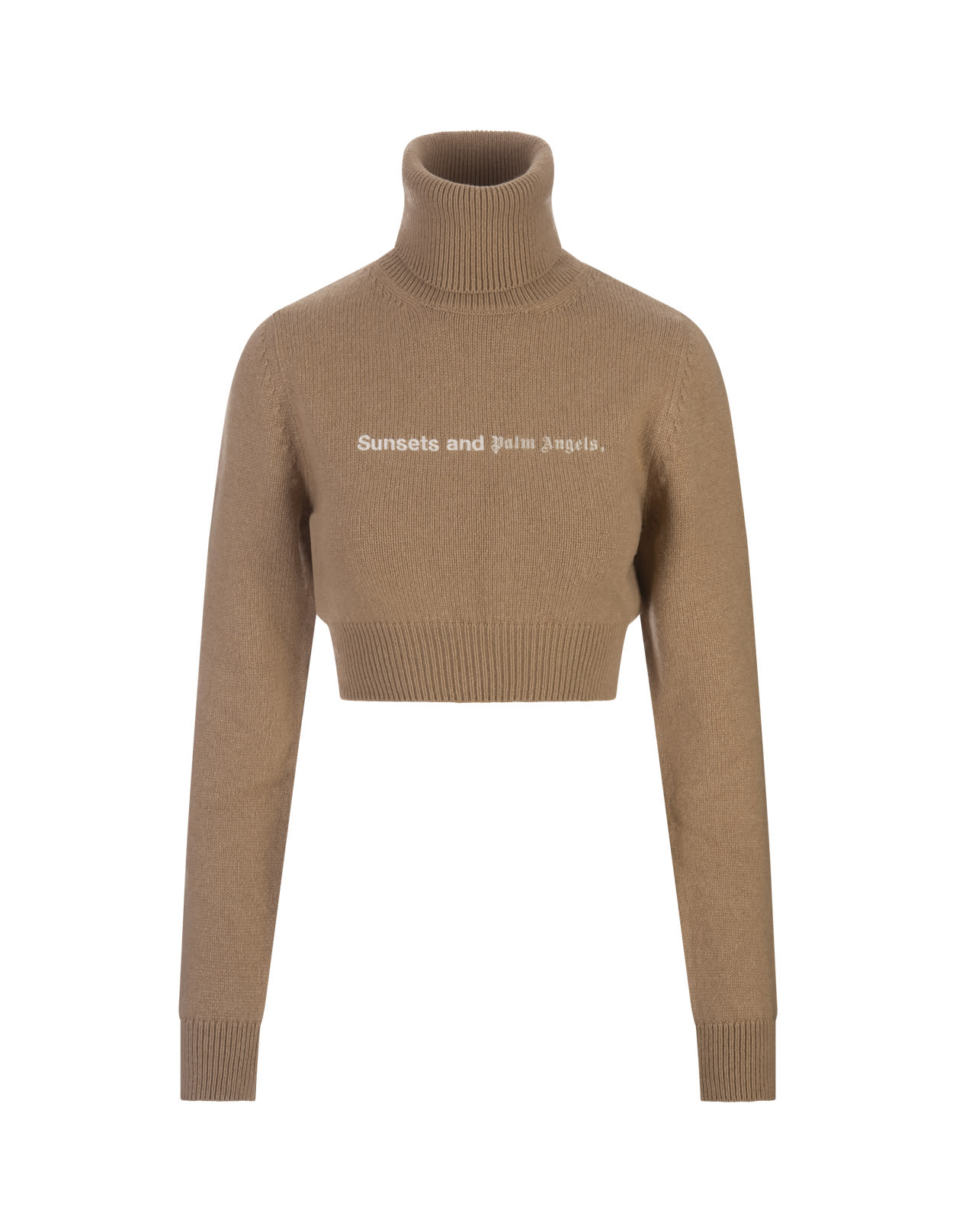 Shop Palm Angels Beige Crop Turtleneck With Slogan In Brown