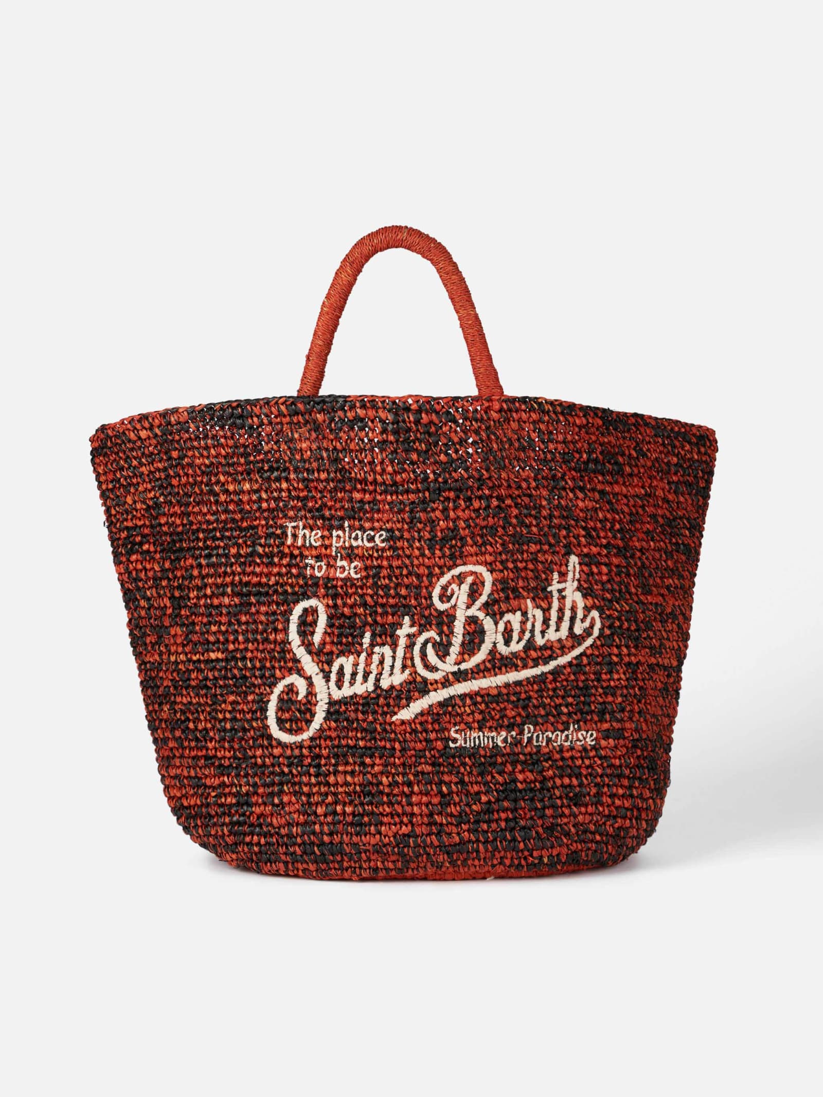 Mc2 Saint Barth Raffia Black And Orange Bag With Front Embroidery