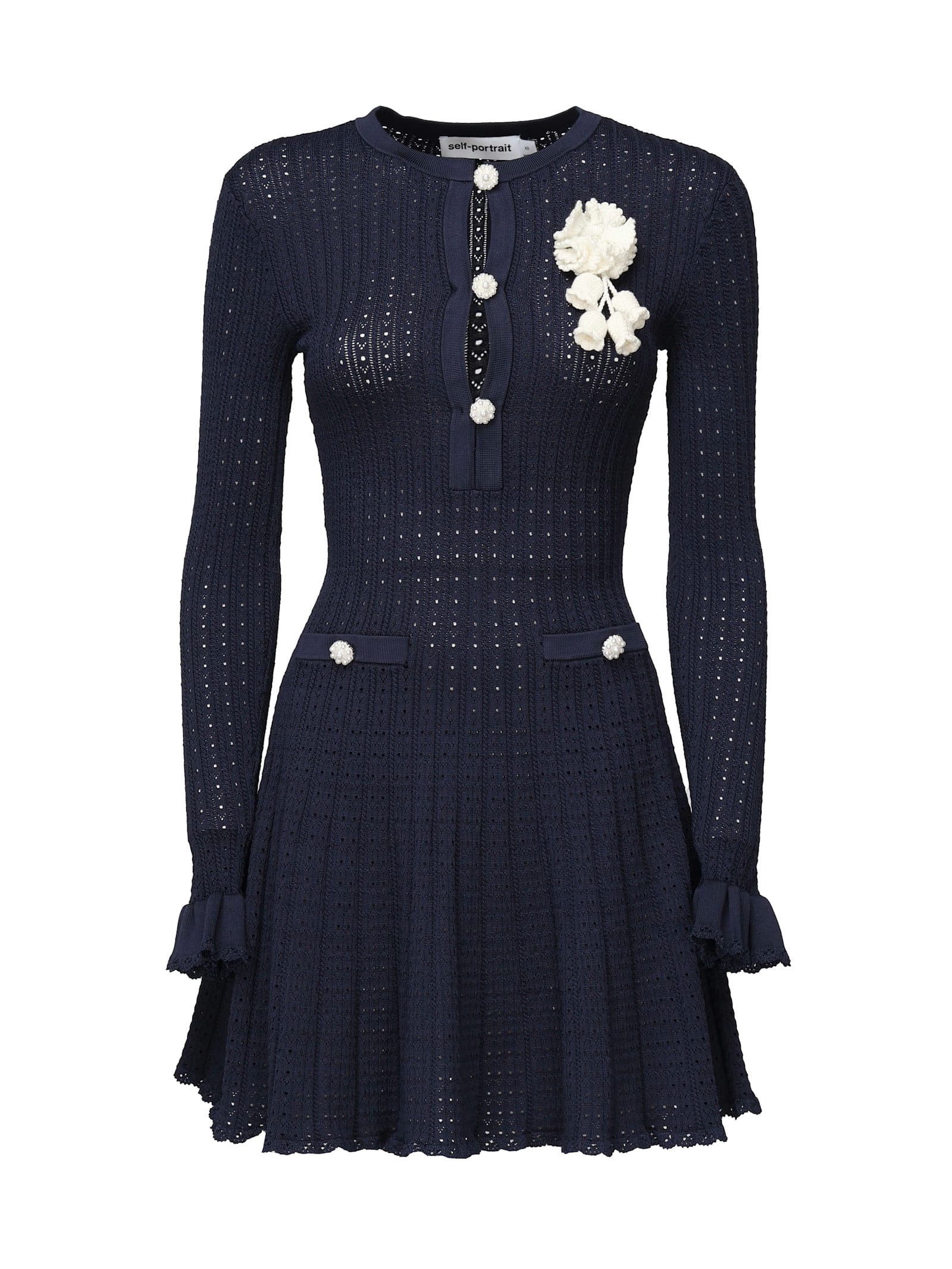 Self-portrait Blue Crewneck Midi Dress With Flower Embellishment On The Front And Crochet Knit In Viscose Blend St In Blue