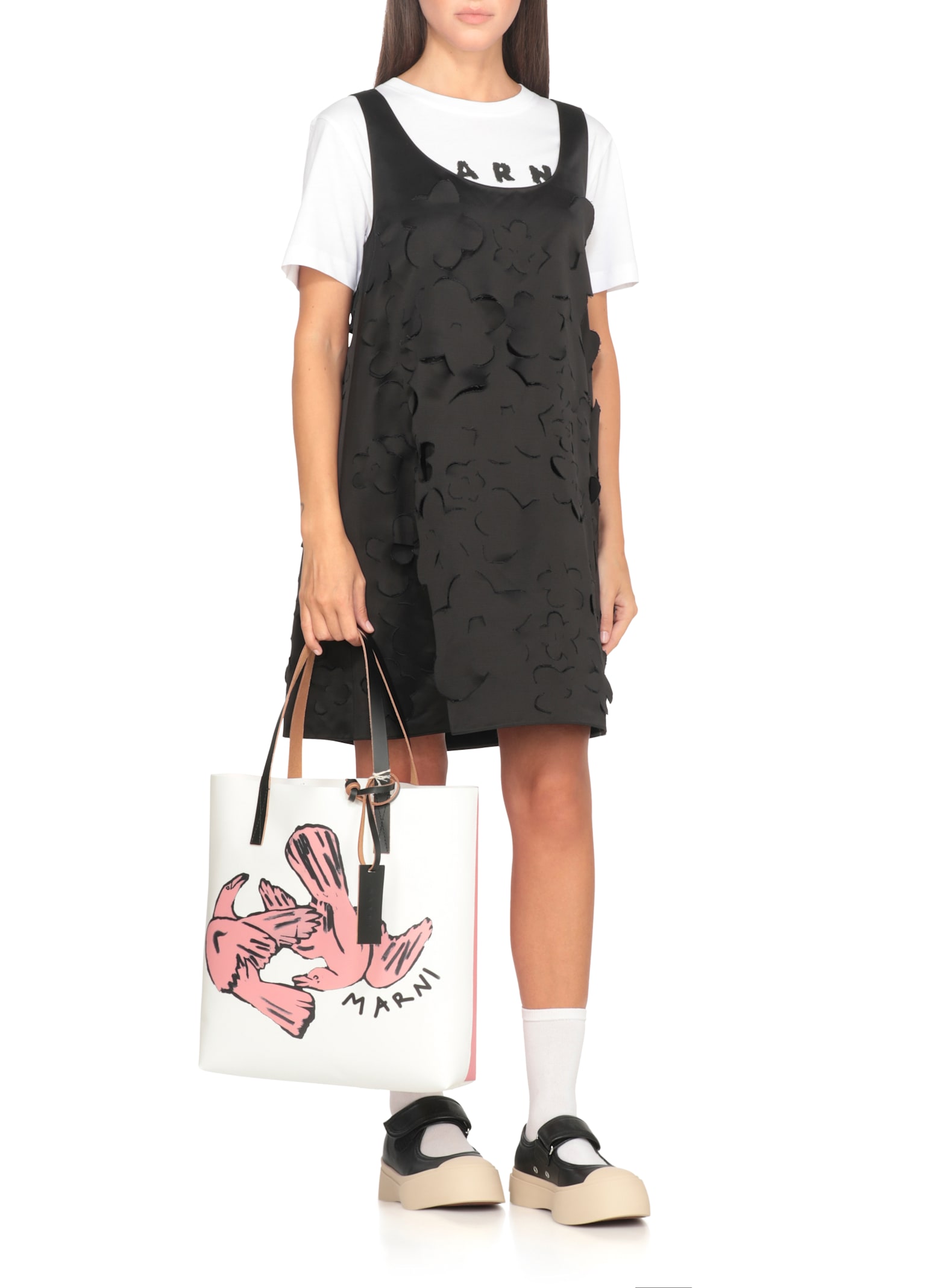 Marni Shoulder Bag With Contrast Stitching And Graphic Print In White