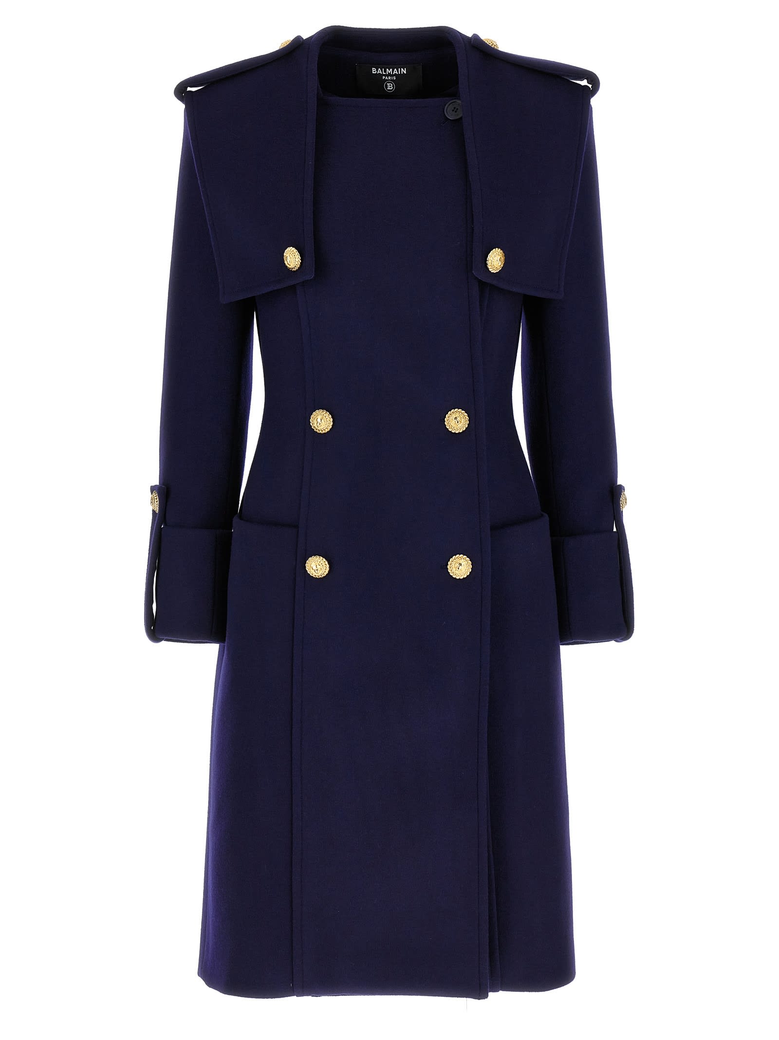 Shop Balmain Double-breasted Long Coat In Blue