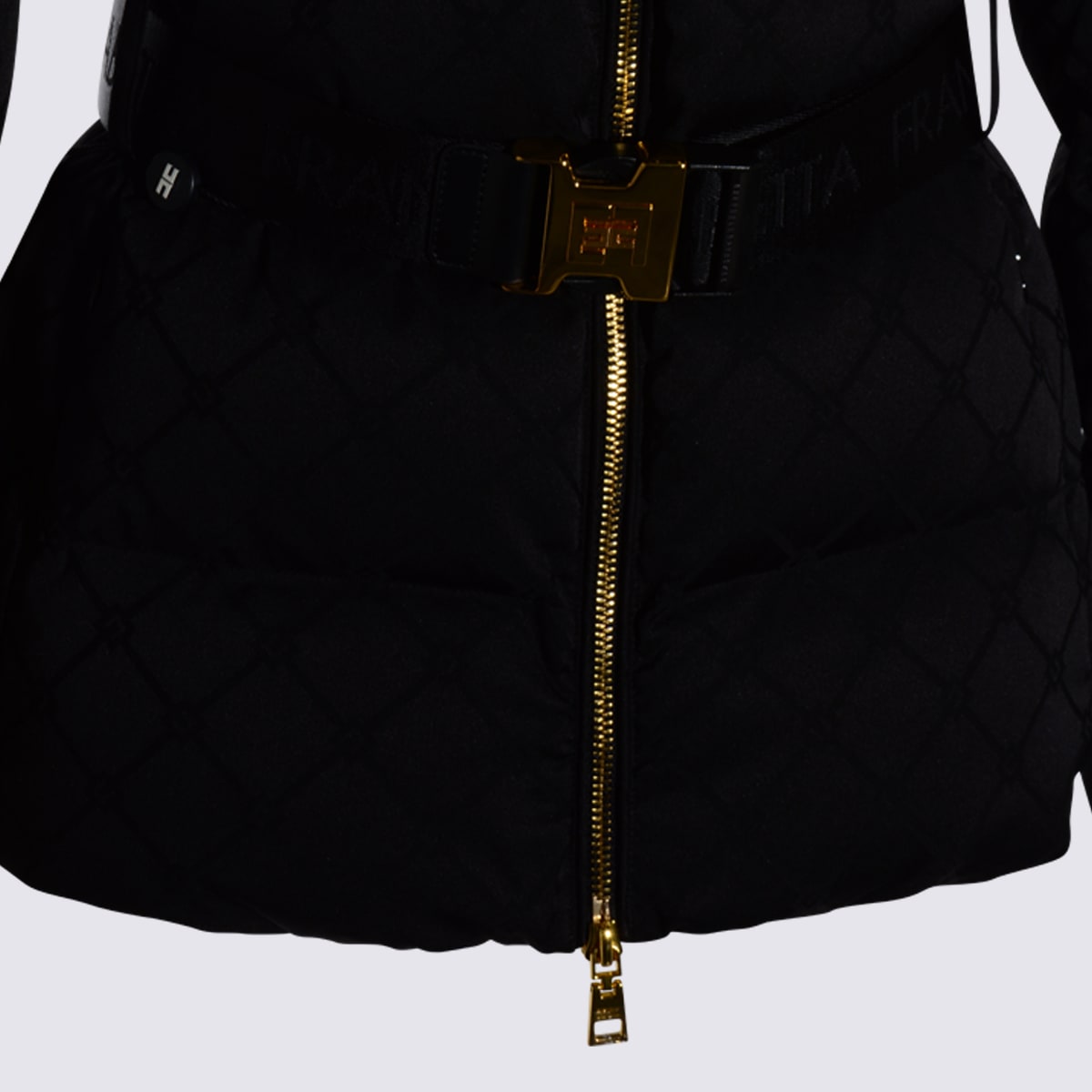 Elisabetta Franchi Jacquard Sail Fabric Down Jacket With Belt Clothing In Black