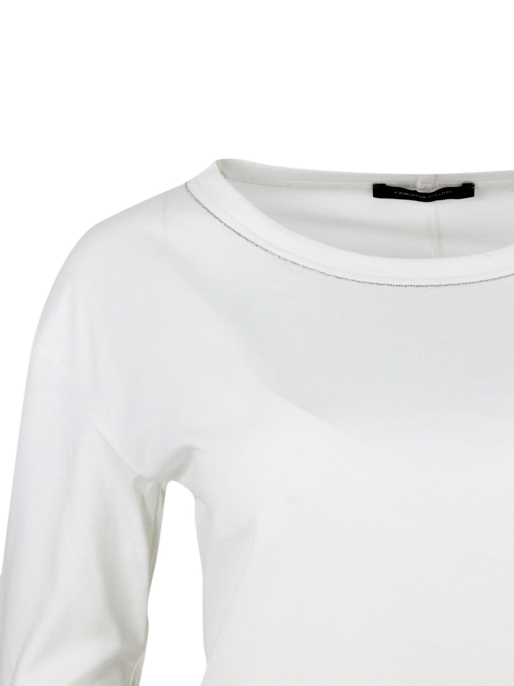 Shop Fabiana Filippi Crew-neck Long-sleeved Cotton Jersey T-shirt Embellished With Rows Of Monili On The Neck In White