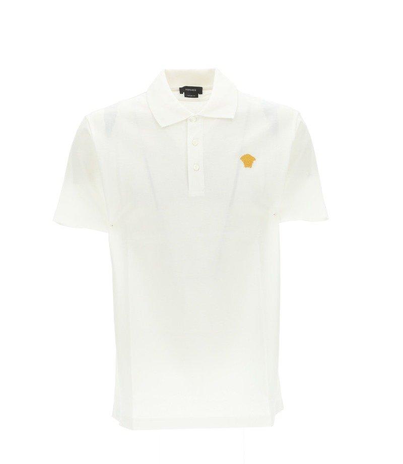 Shop Versace Medusa Logo Embroidered Short-sleeved Polo Shirt In White