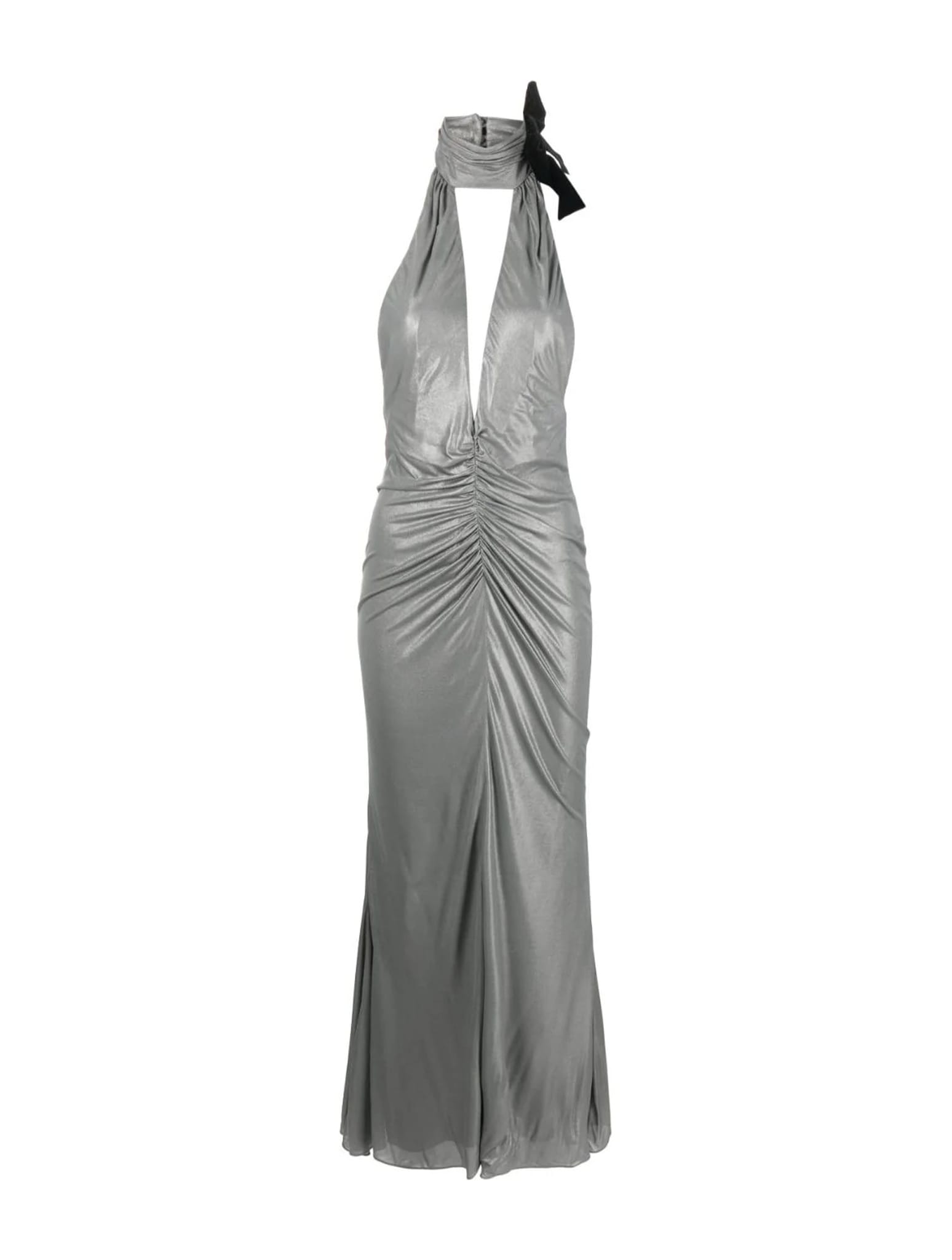 Shop Alessandra Rich Laminated Jersey Evening Dress With Halterneck In Silver