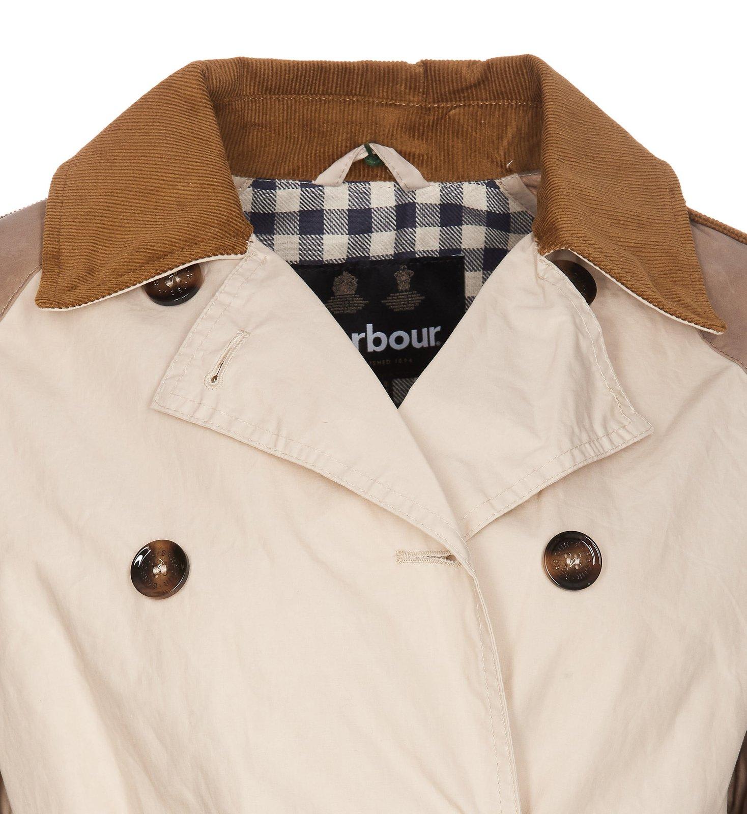 Shop Barbour Panelled Double-breasted Belted Coat In Oatmeal/summer Navy Northumber