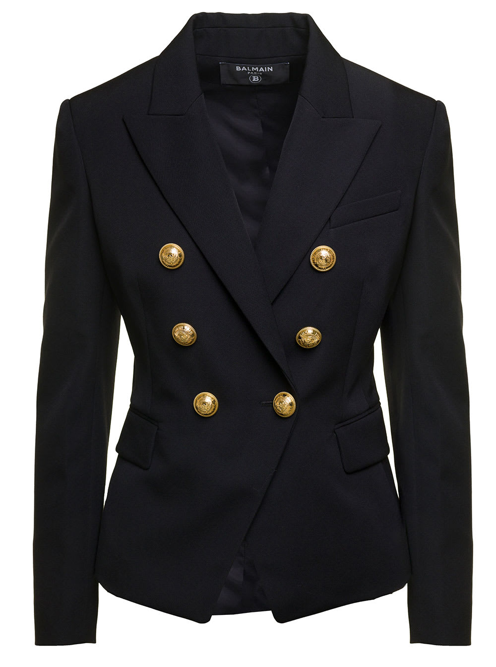 Shop Balmain Black Double-breasted Jacket With Branded Buttons And Asymmetric Cut In Wool Woman