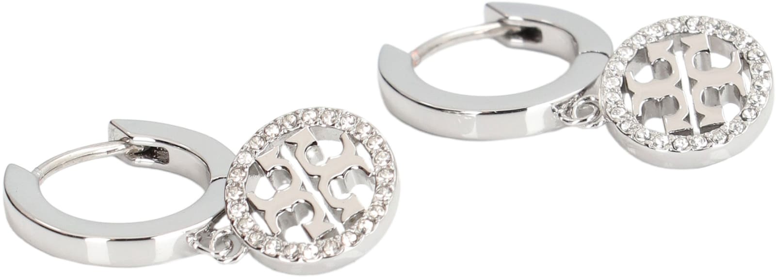 Shop Tory Burch Miller Logo Hoop Earrings In Silver/crystal