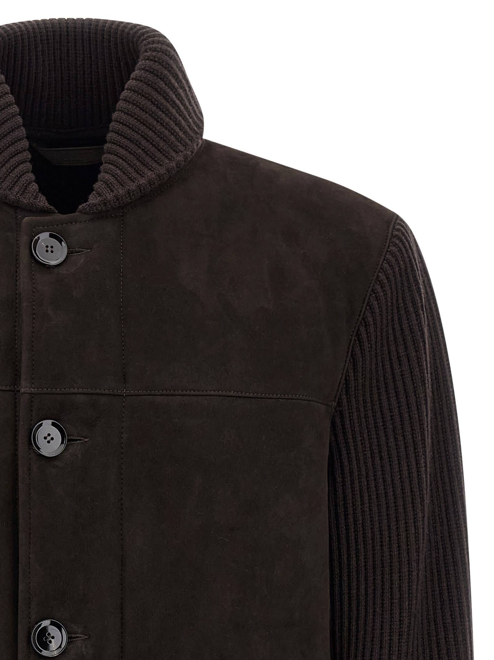 Brioni Ribbed-sleeve Suede Bomber Jacket In Brown
