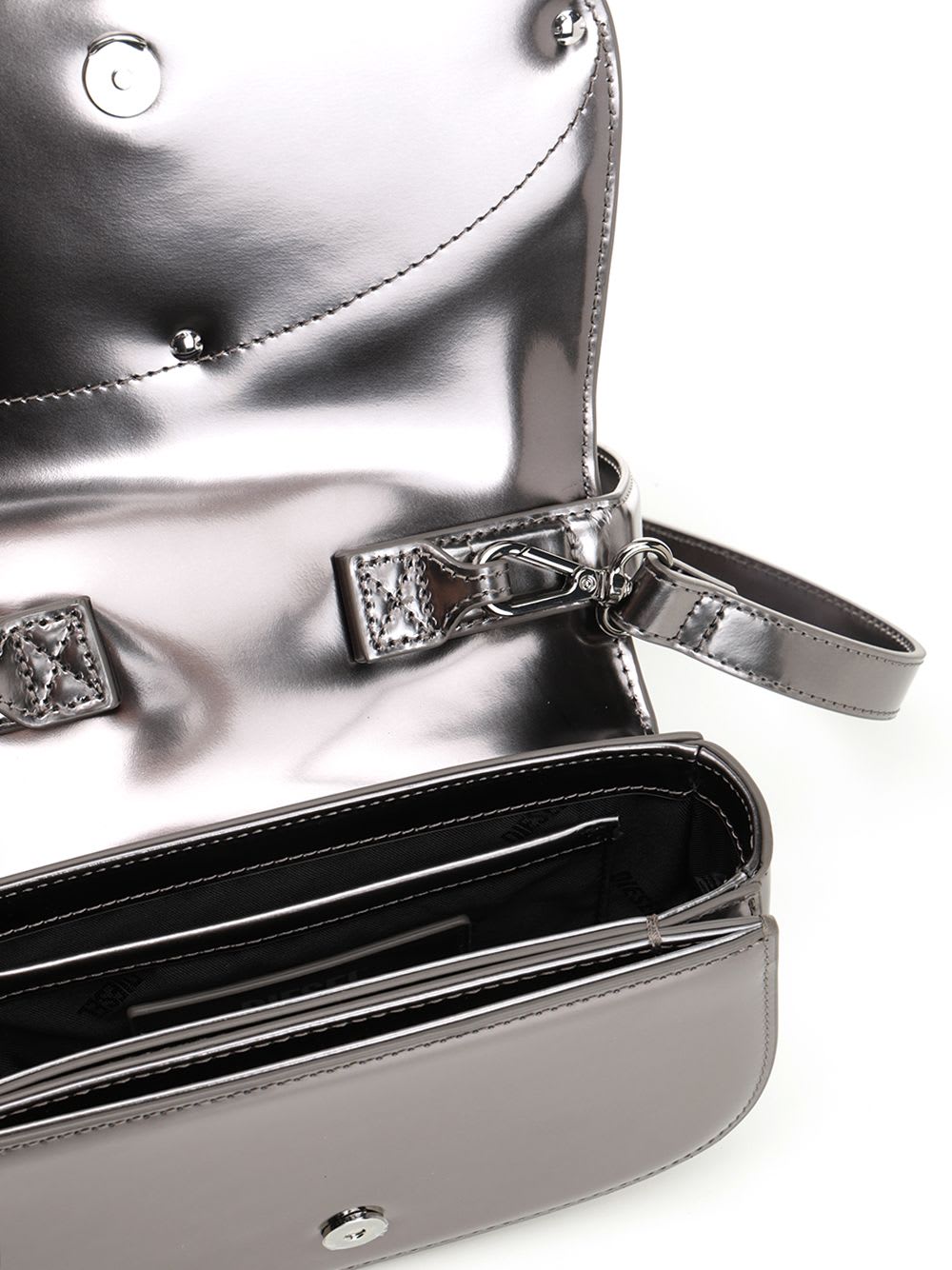 Diesel Oval-d Logo Patent Leather Shoulder Bag In Silver