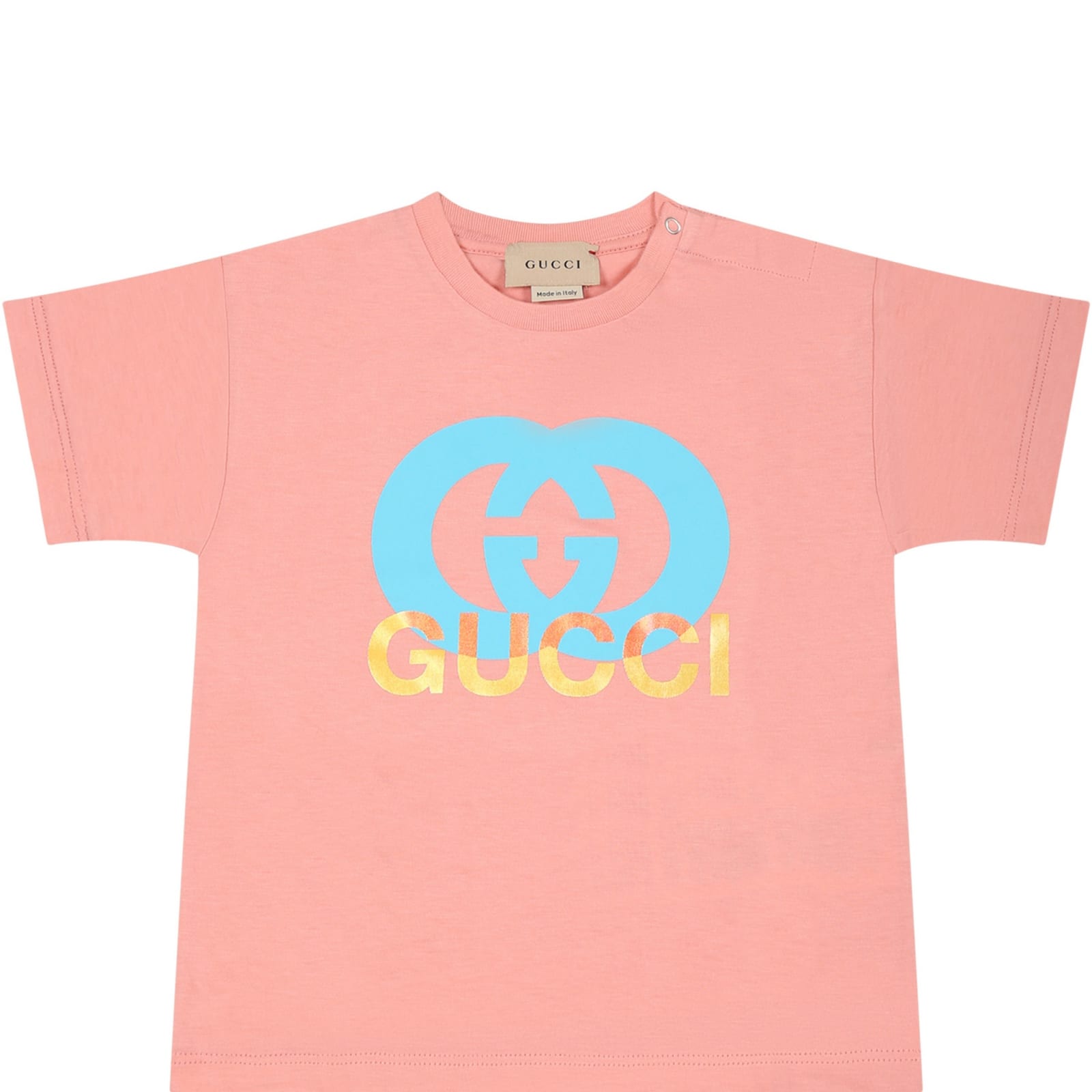 GUCCI PINK T-SHIRT FOR BABY GIRL WITH INTERLOCKING GG