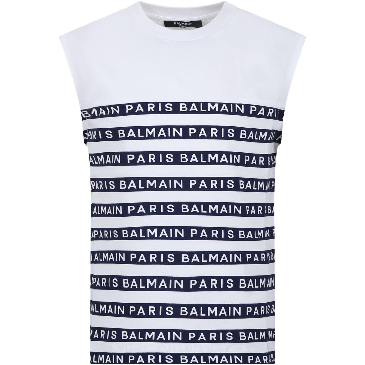 Balmain White Sleveless T-shirt For Kids With Blue Stripes And Logo