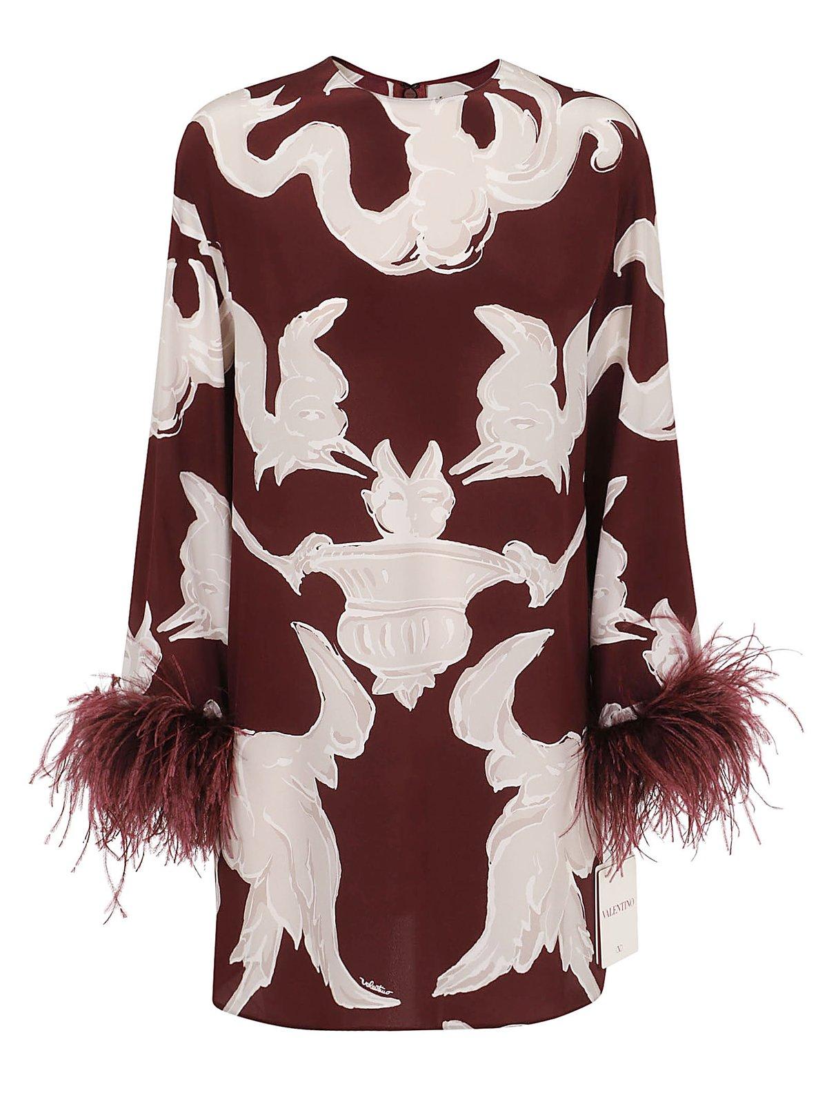 Shop Valentino Feather-trim All-over Patterned Mini Dress In Bordeaux
