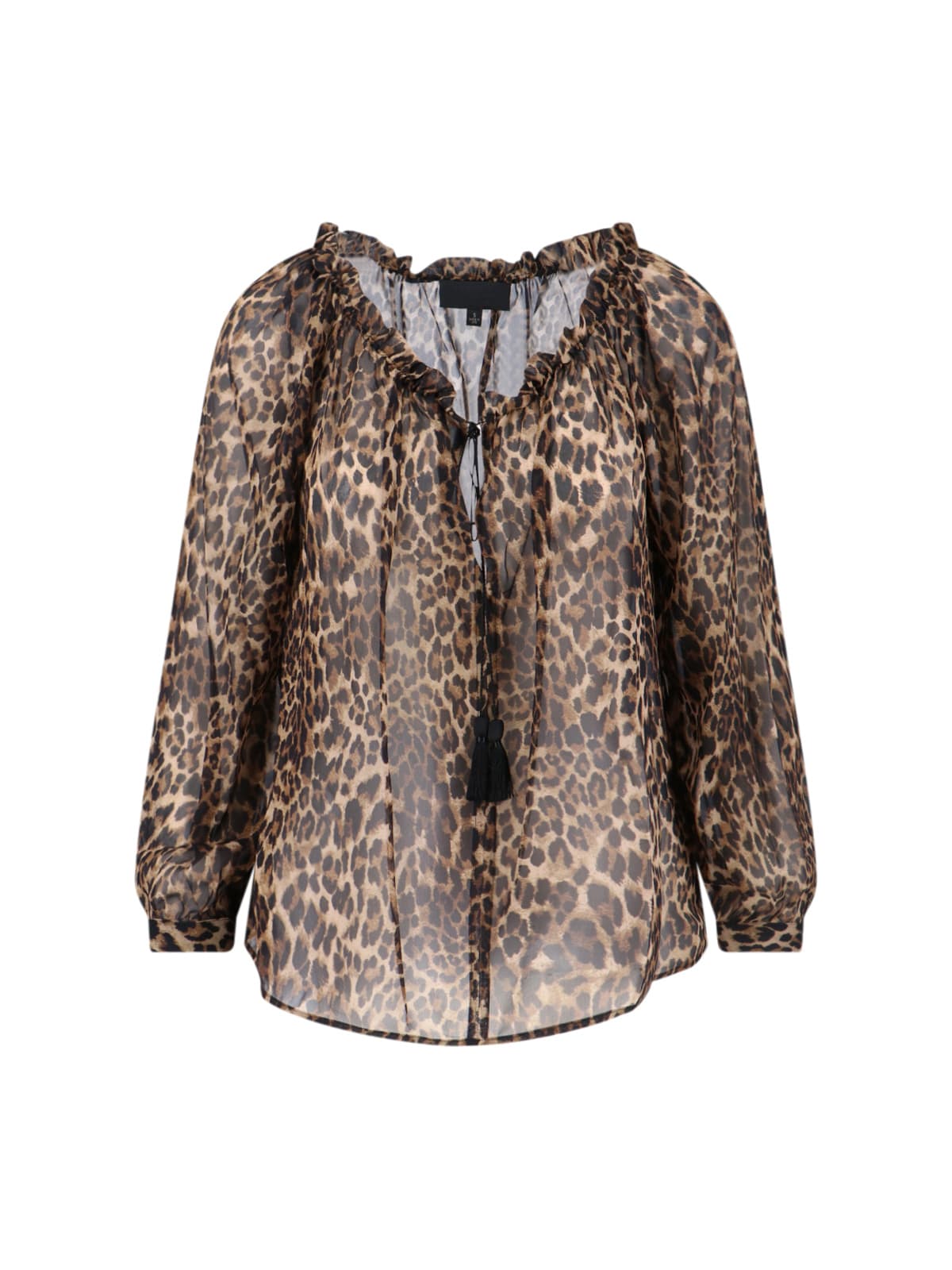 Nili Lotan Long Sleeve Animal Print Top With Ruffles In Black