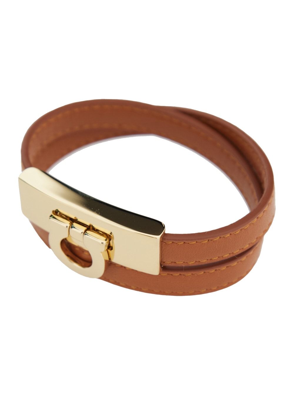 Shop Ferragamo Gancini Brown Double Twist Bracelet In Leather Woman In Metallic