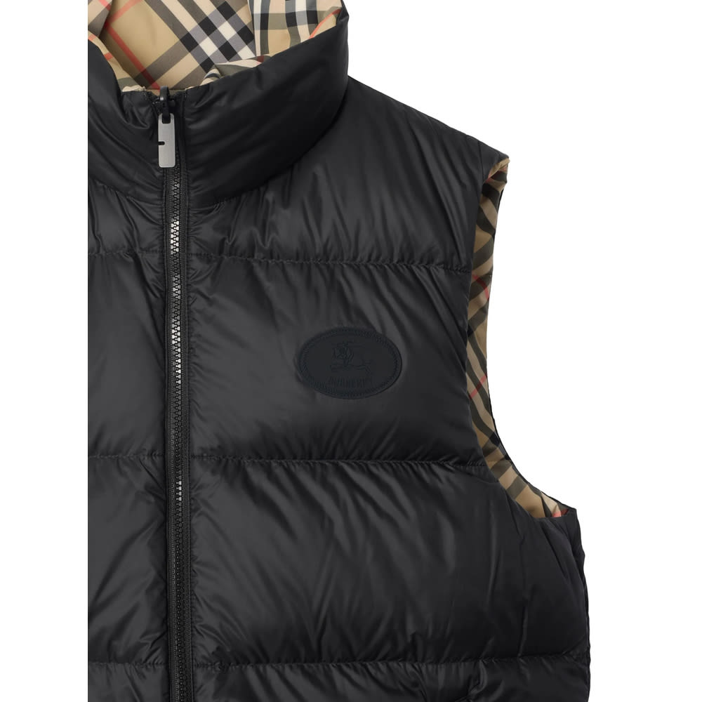 Burberry Beige Sleeveless Reversible Down Jacket With High Neck And All-over Check Motif In Tech Fabric Man In Neutral