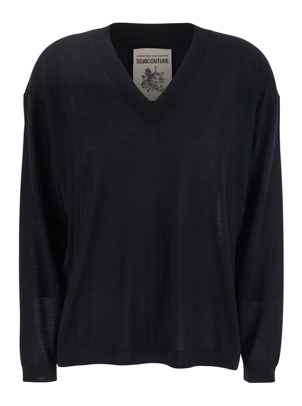 Black Sweater With V-neck And Logo Embroidered On The Side In Virgin Wool Woman