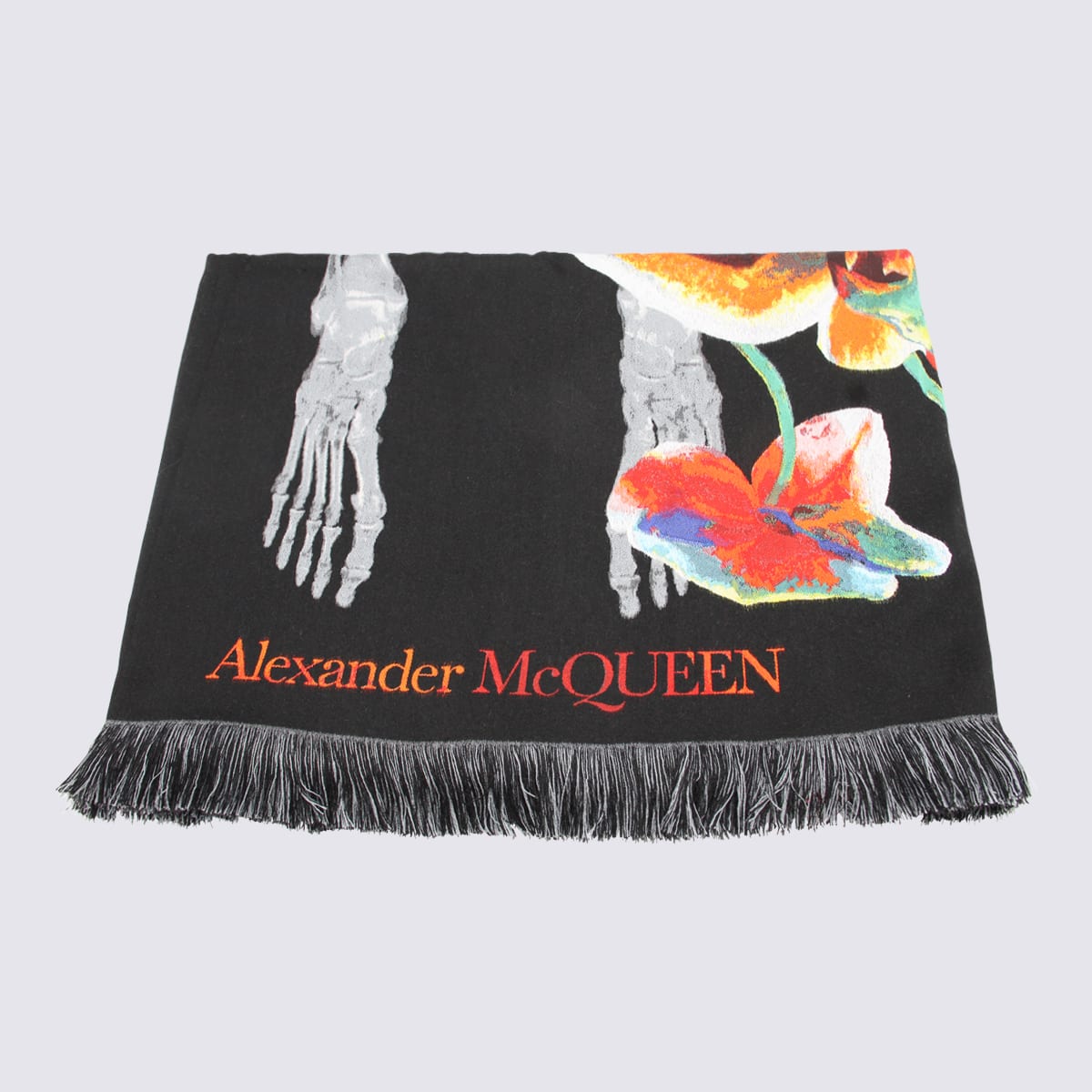 Shop Alexander Mcqueen Black Multicolour Silk-wool Blend Orchid Skeleton Scarf