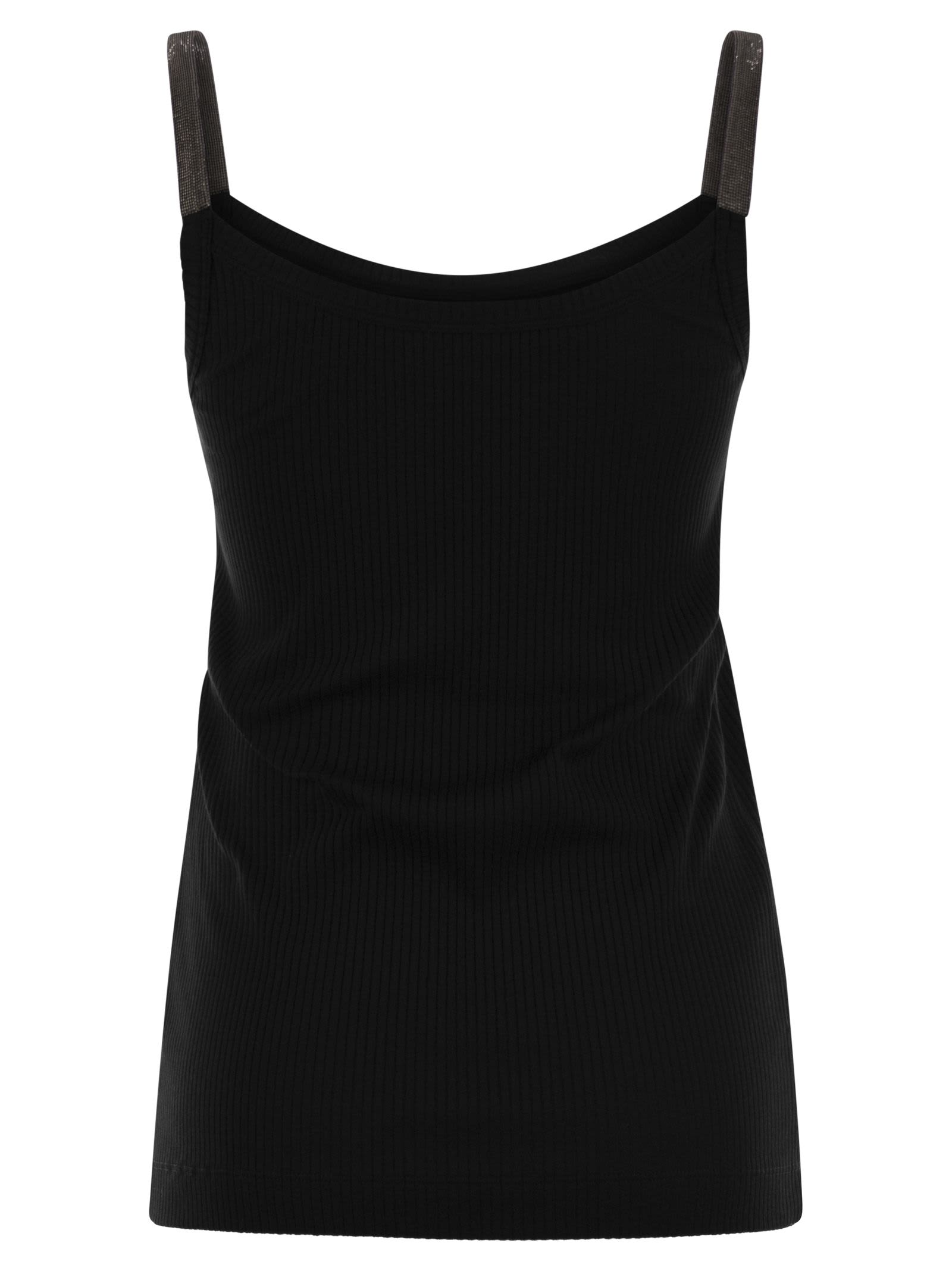 Brunello Cucinelli Stretch Cotton Ribbed Jersey Top With Precious Straps In Black