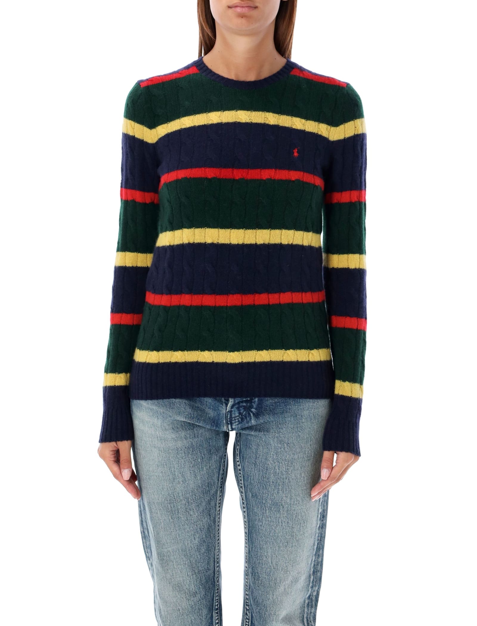 Shop Polo Ralph Lauren Julianna Cable Knit Sweater In Navy Multi Stripes