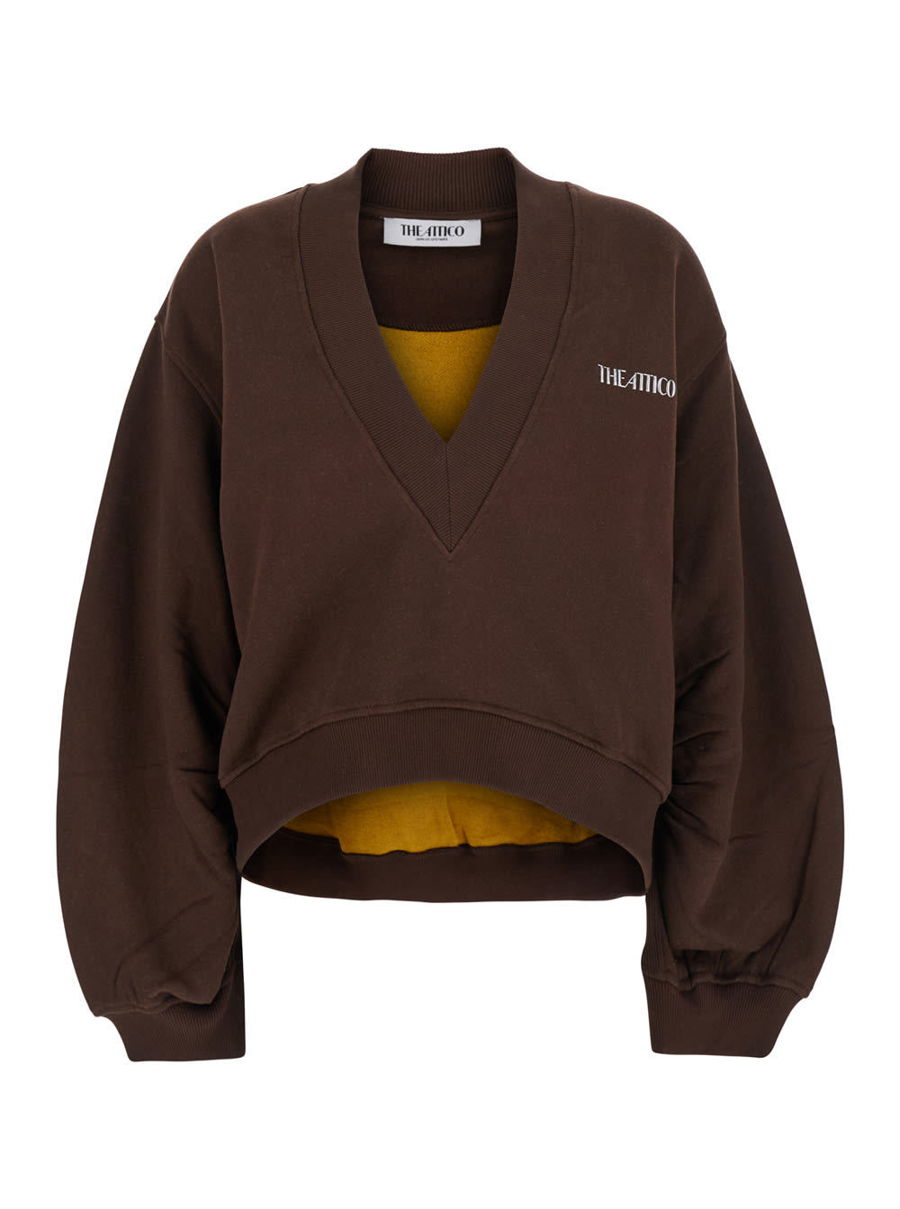 Brown Cropped Sweatshirt With V Neck And Logo Lettering On The Front In Cotton Woman