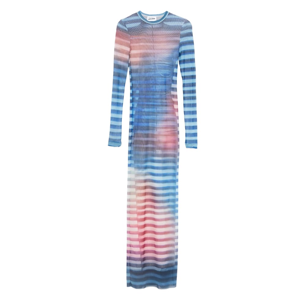Jean Paul Gaultier Mesh Striped Bodycon Maxi Dress In Blue