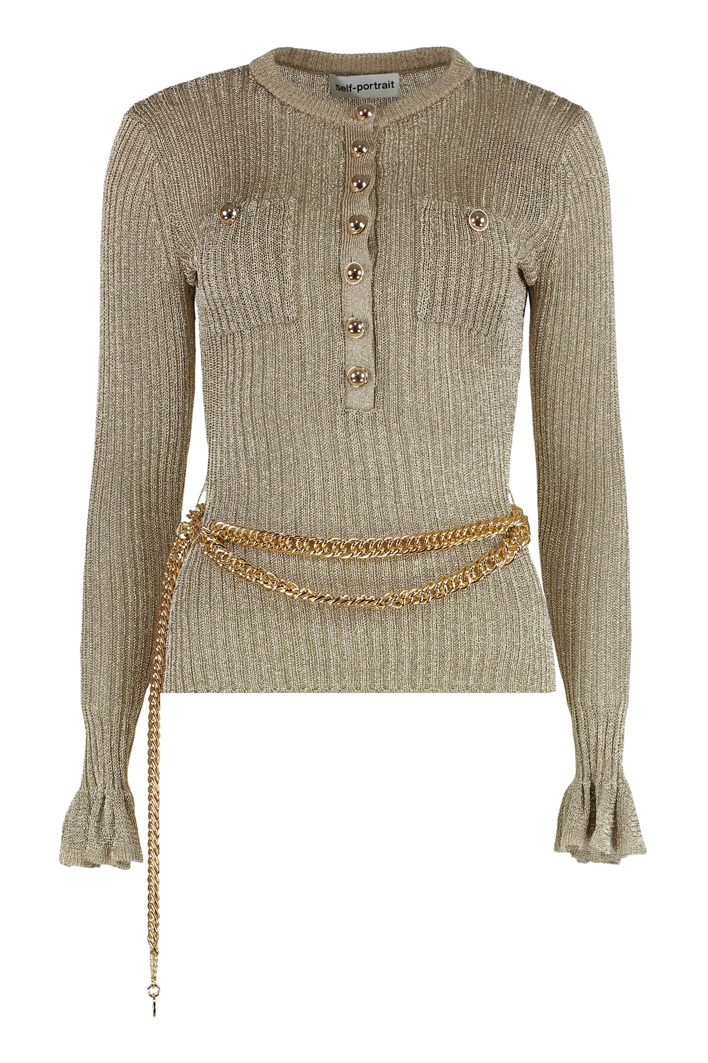 Self-portrait Ribbed Lurex Yarn Sweater In Gold