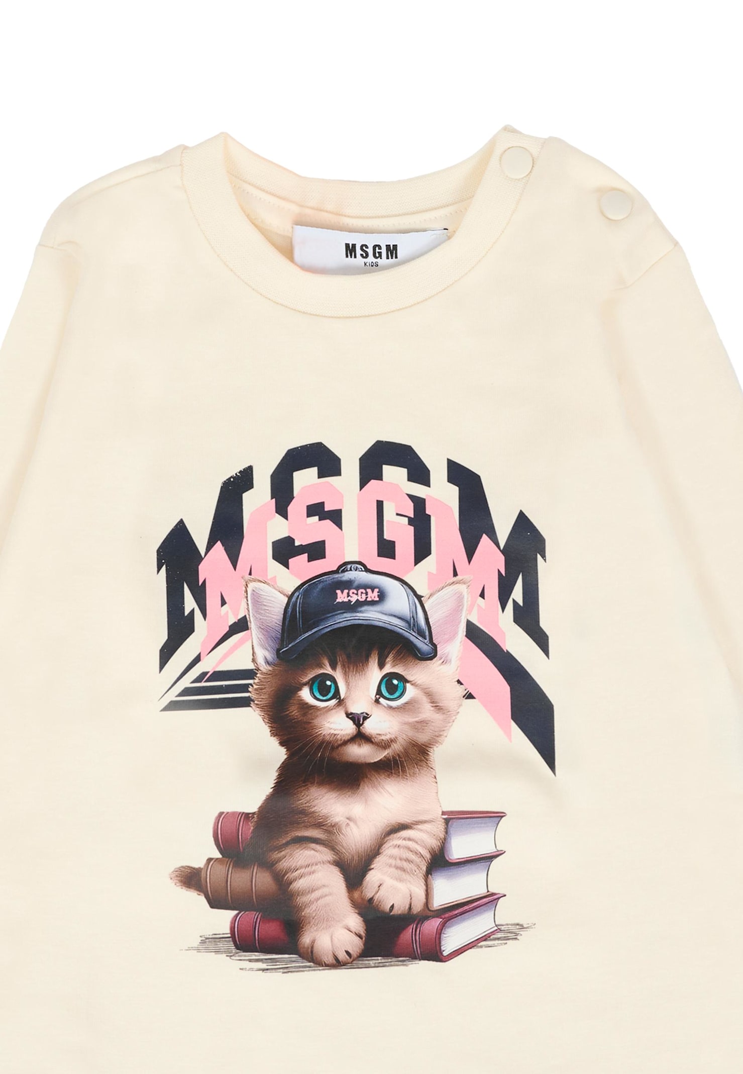 Msgm Ivory T-shirt For Baby Girl With Logo And Cat In Neutral
