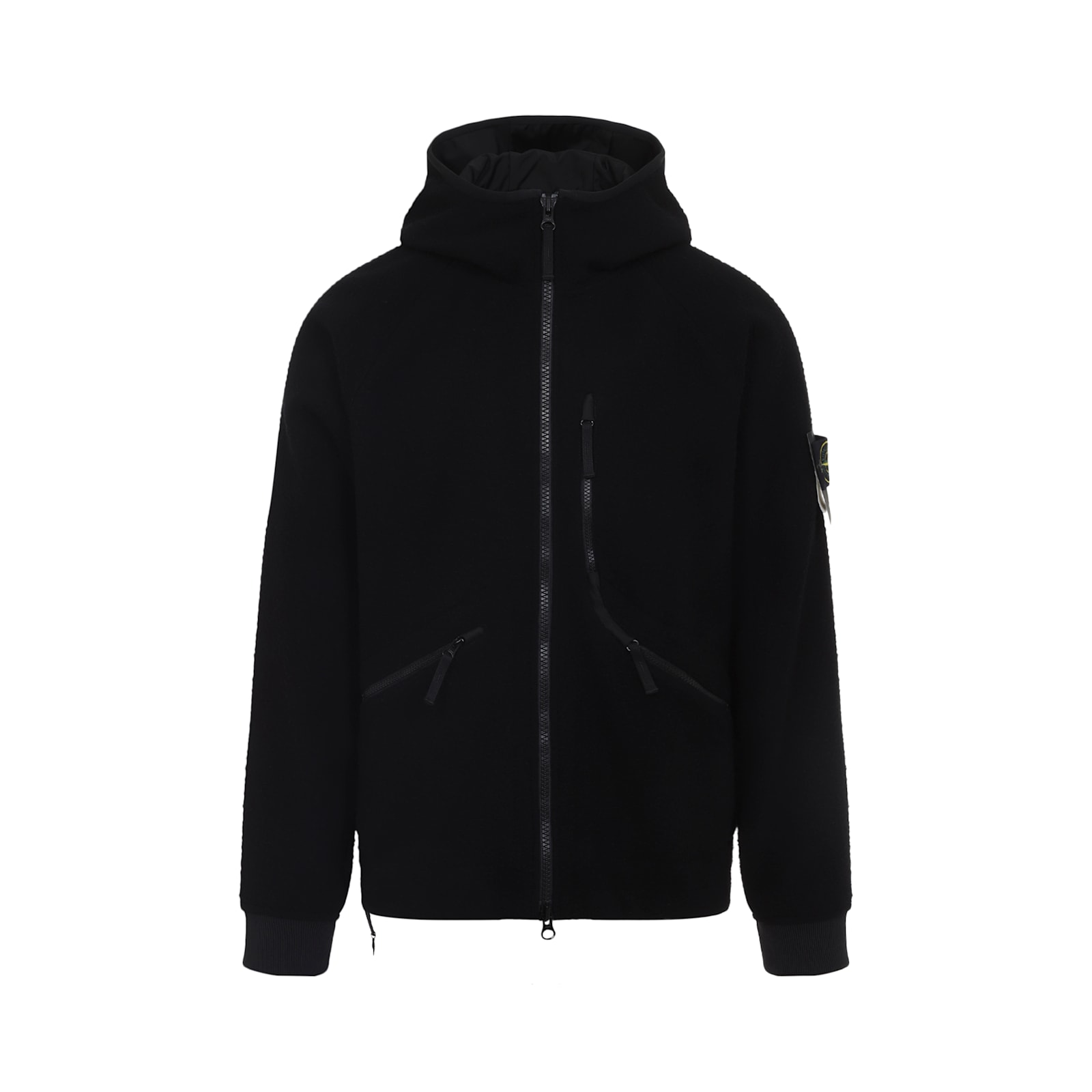 Stone Island Textured Wool Blend Jacket With Hood In Black