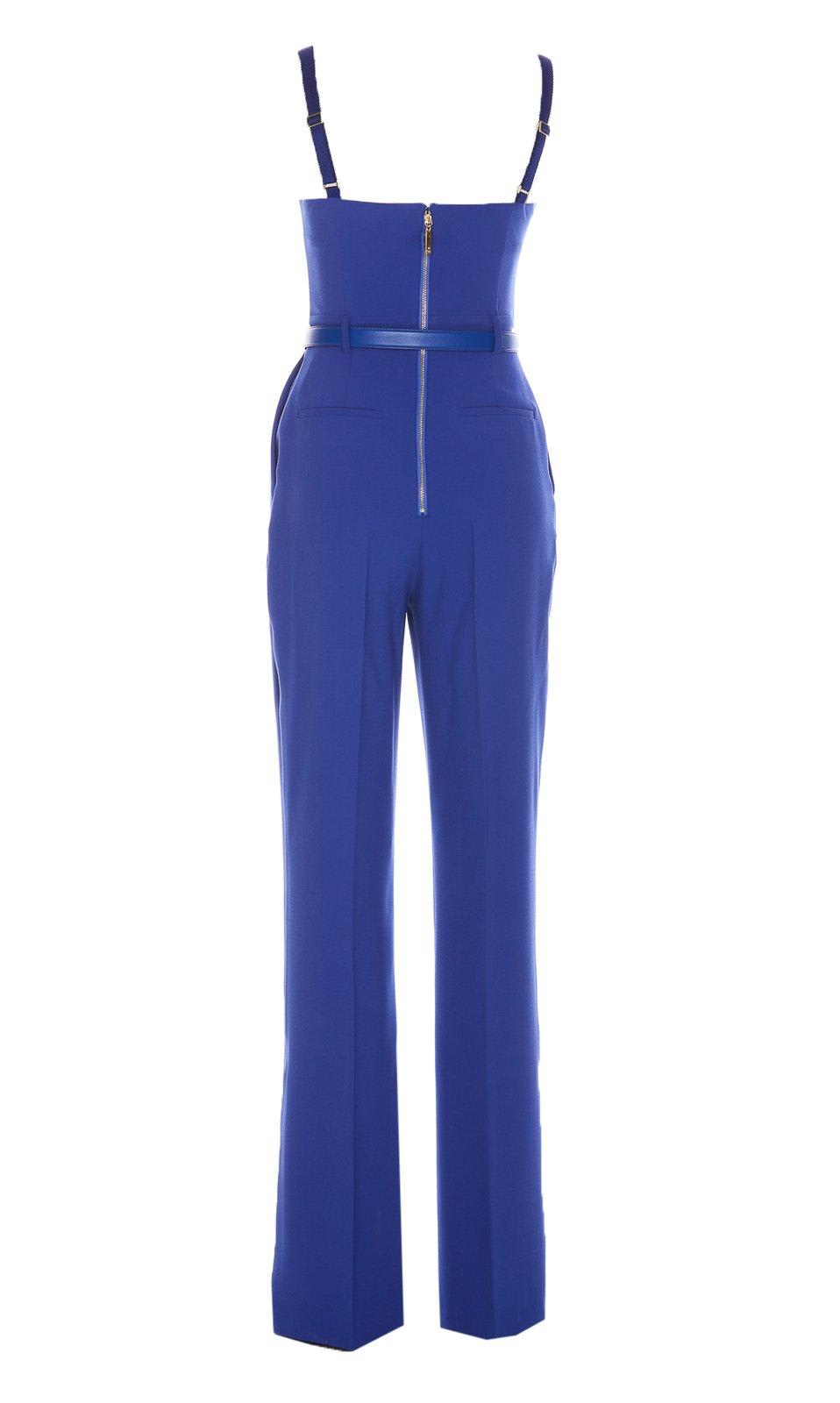 Shop Elisabetta Franchi Heart Neck Logo Buckle Jumpsuit In Blue Indaco