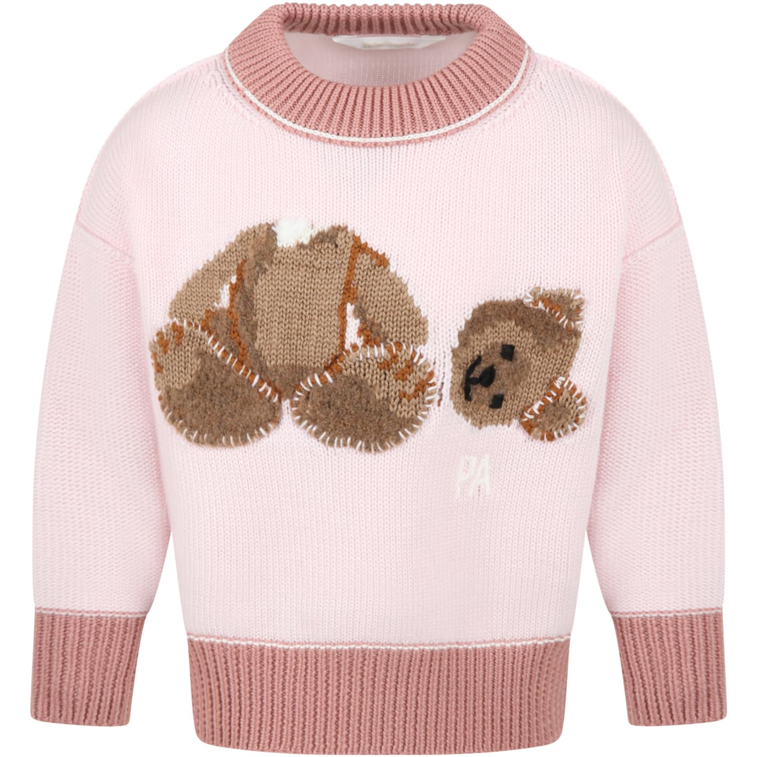 Palm Angels Pink Sweater For Girl With Bear And Logo
