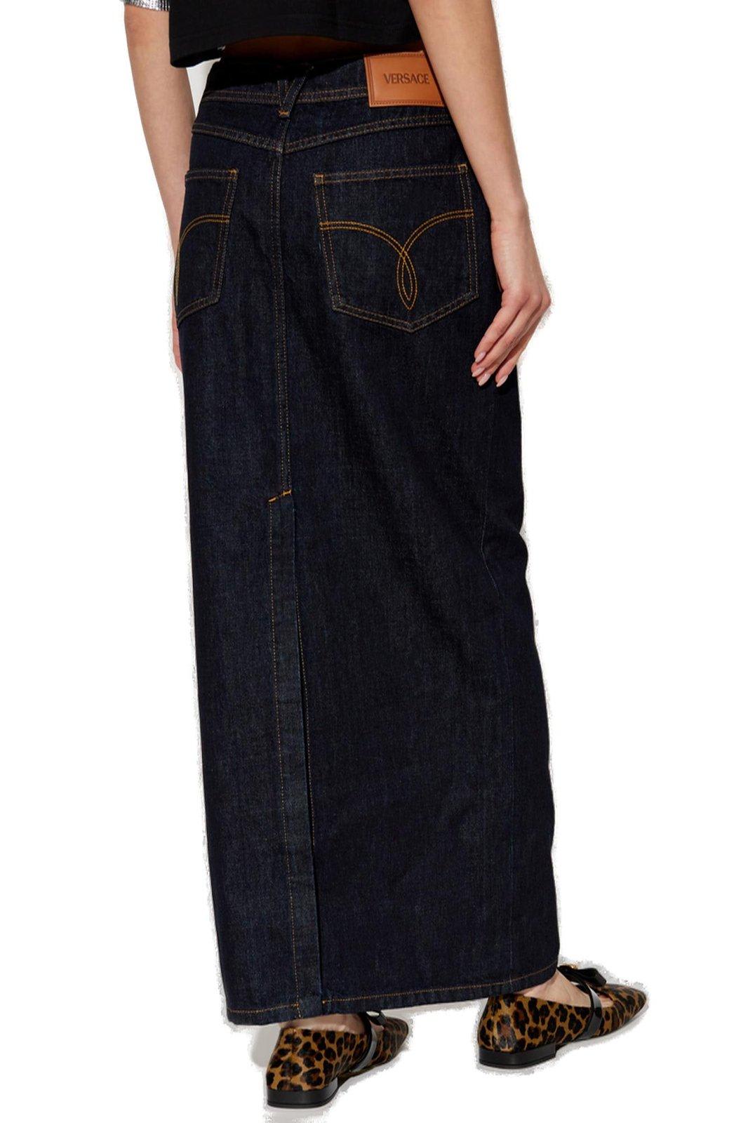 Shop Versace Medusa 95 High-waist Denim Skirt In Black