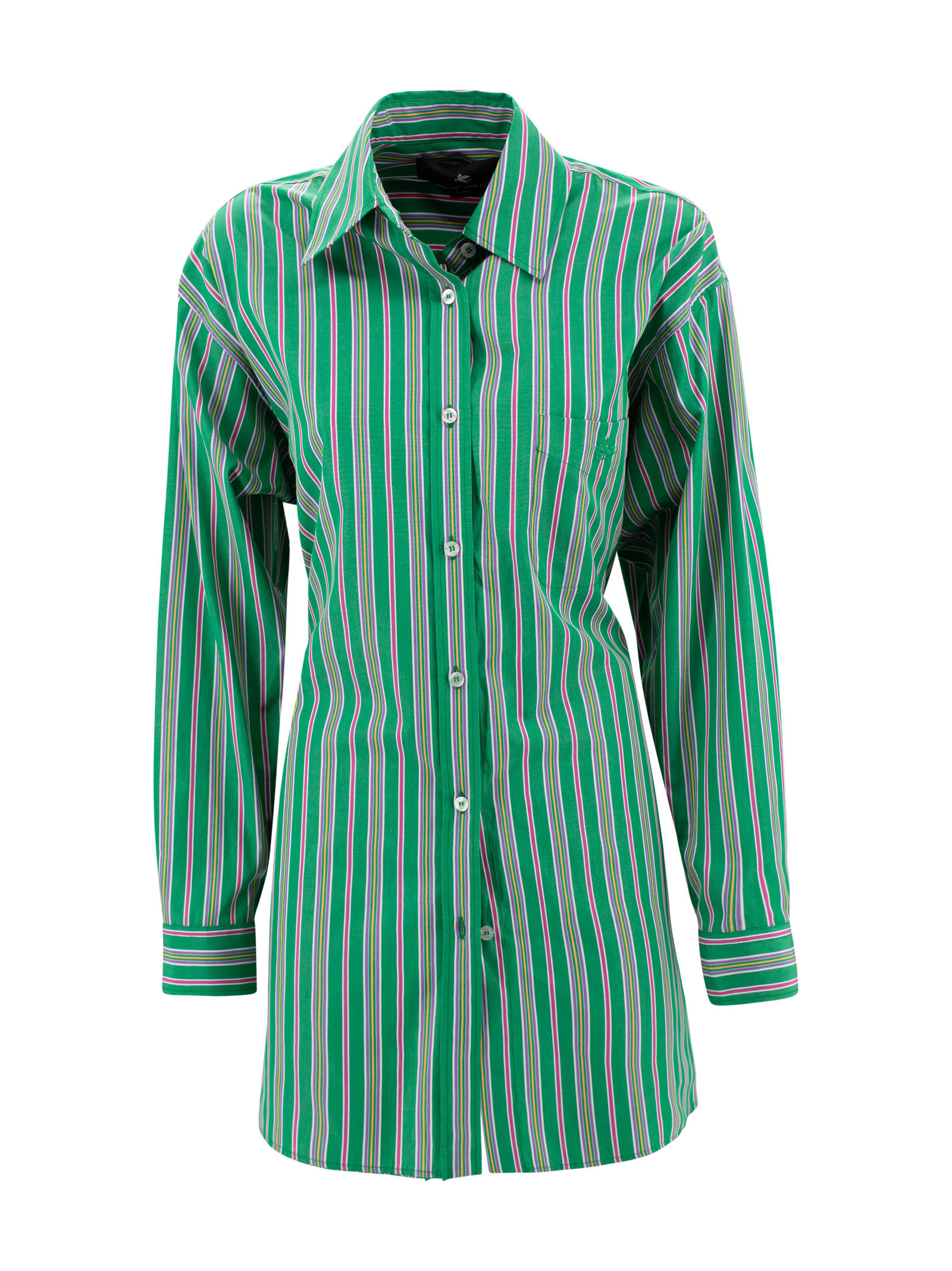 Etro Pocketed Collared Striped Long Sleeve Top In Green