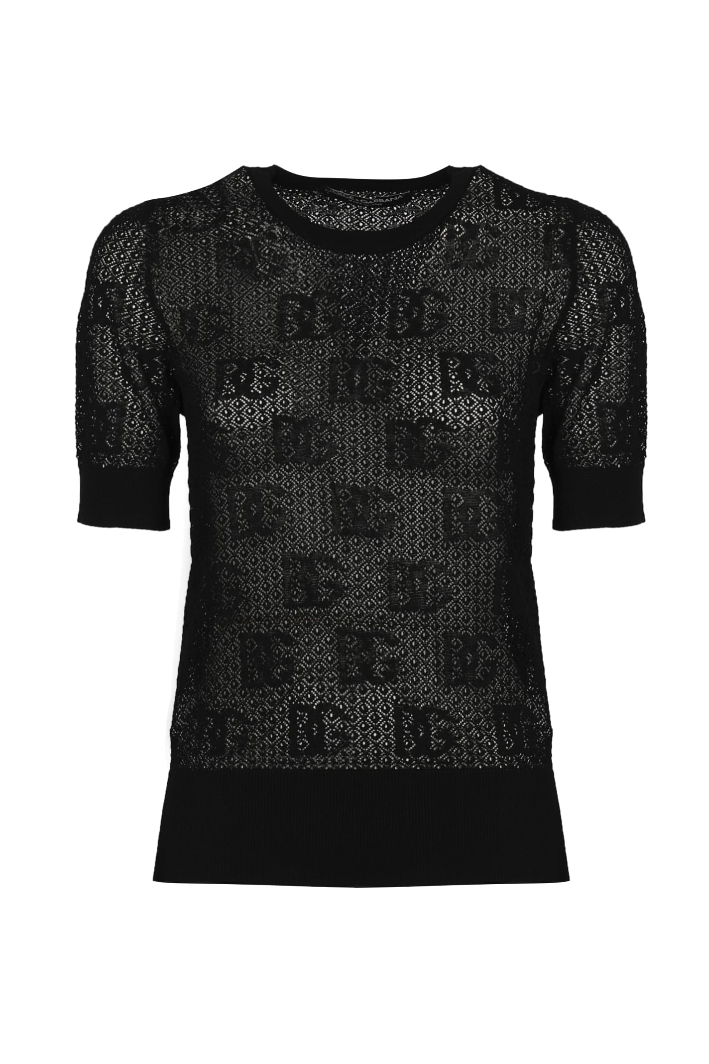 DOLCE & GABBANA SHORT SLEEVED SWEATER IN LACE STITCH WITH DG LOGO