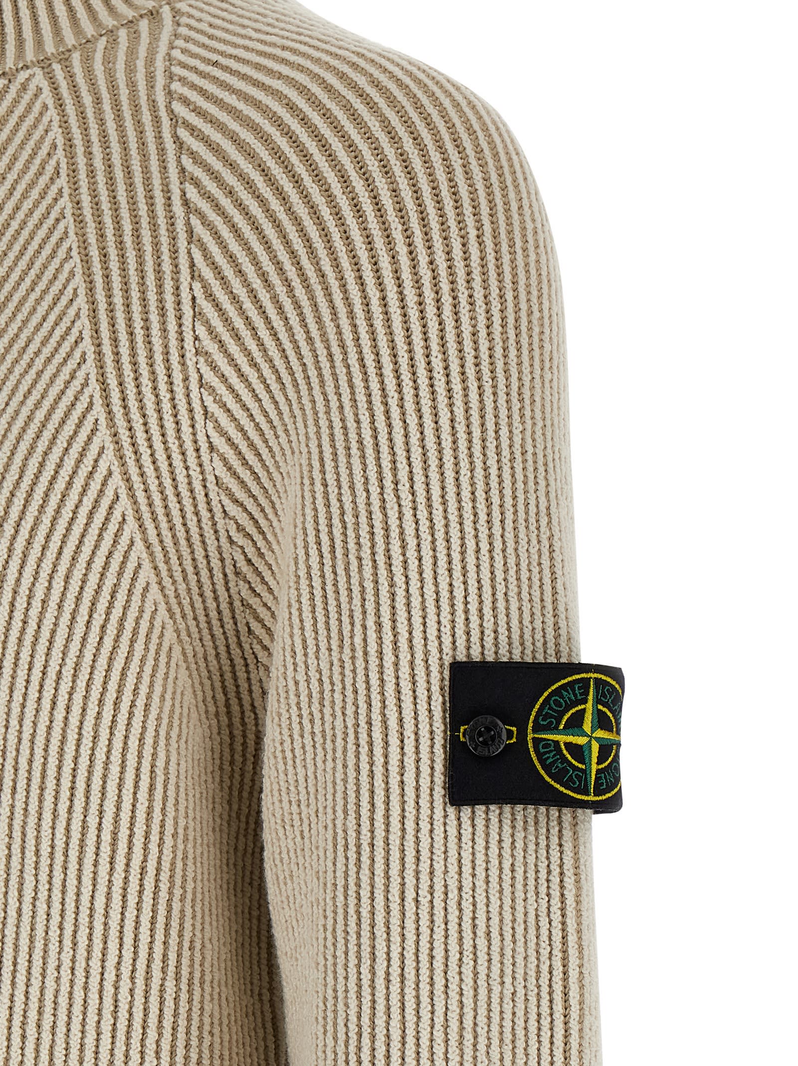 Stone Island White Sweater With Logo Patch On The Sleeve And Front Half Zip Closure In Wool Stretch Man In Neutral