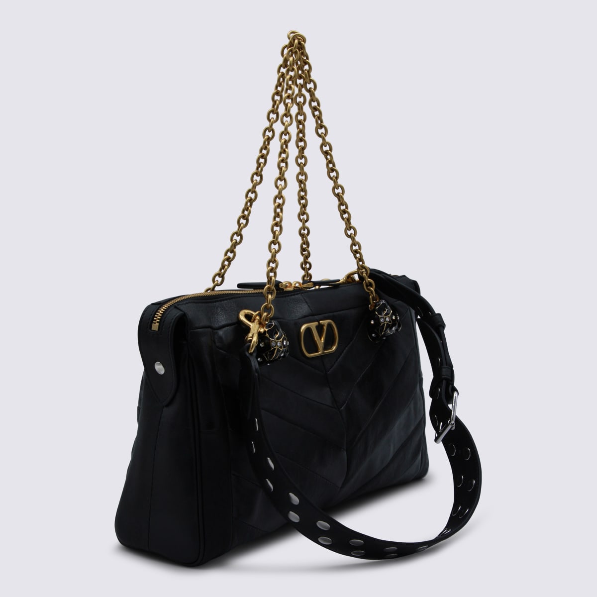 Valentino Black Leather Panthea Medium Shoulder Bag In Black