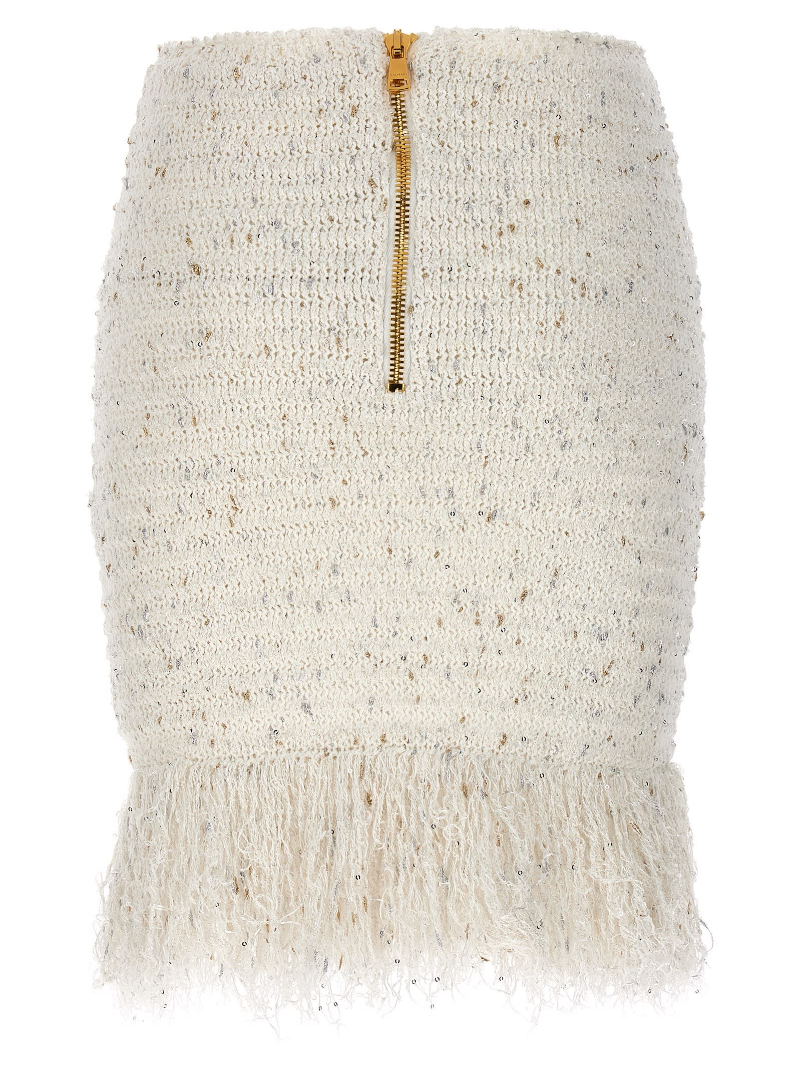 Shop Balmain Fringed Tweed Skirt In White