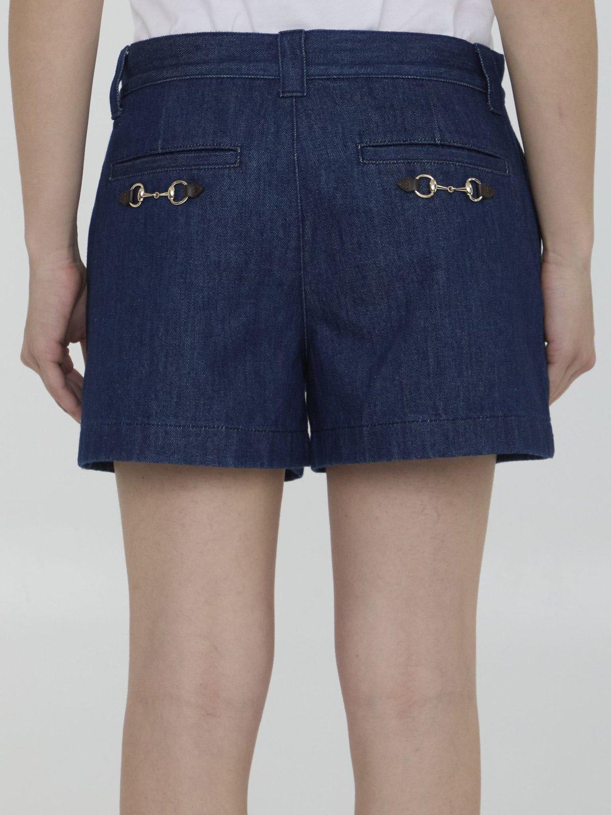 Shop Gucci Logo Detailed Low-waisted Shorts In Dark Blue Mix