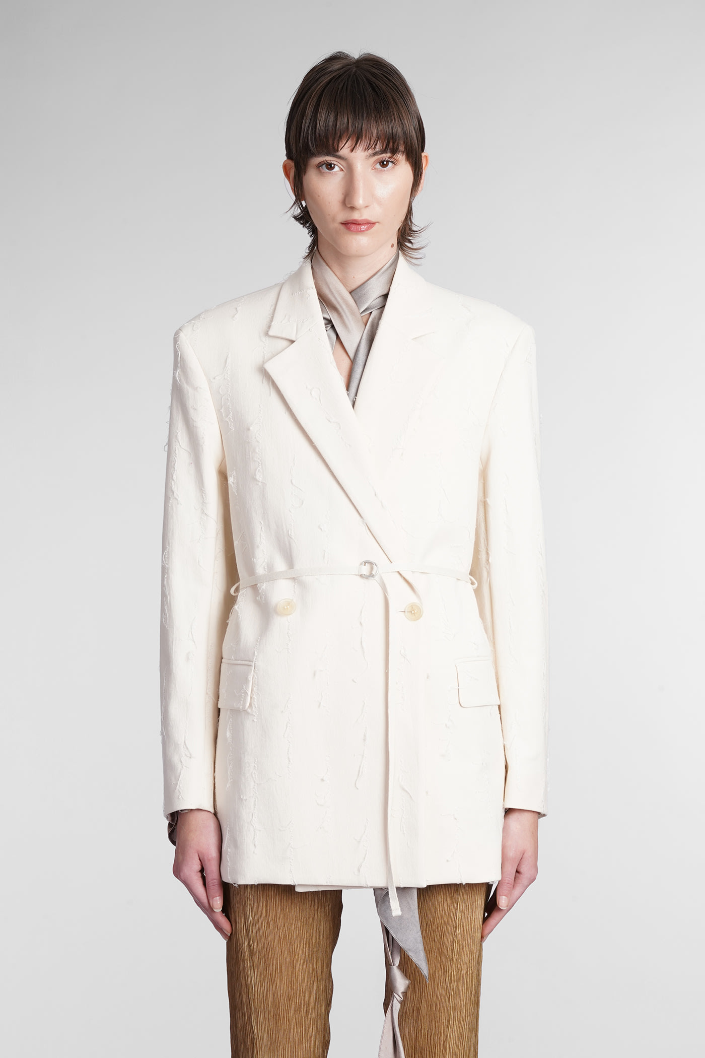 Acne Studios Doppelreihiger Blazer Aus Einer Baumwollmischung Mit Fransen In Beige