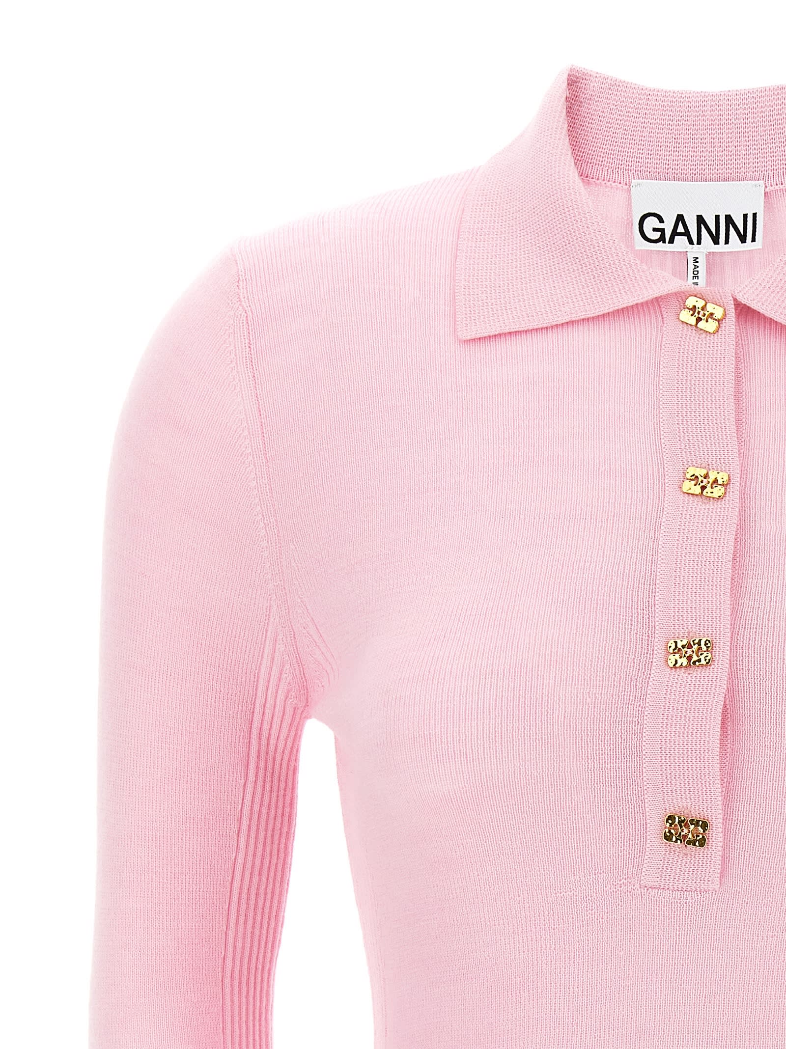 Shop Ganni Logo Embroidery Knitted Polo Shirt In Pink