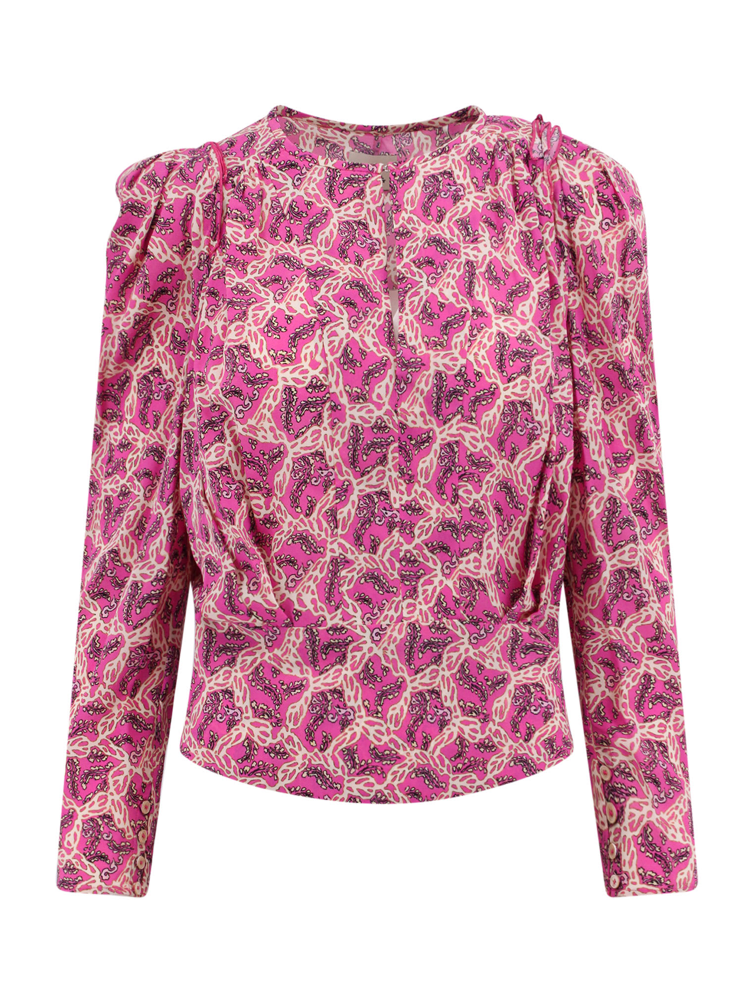 Isabel Marant Printed Blouse With Buttoned Cuffs And Ruched Shoulders In Pink