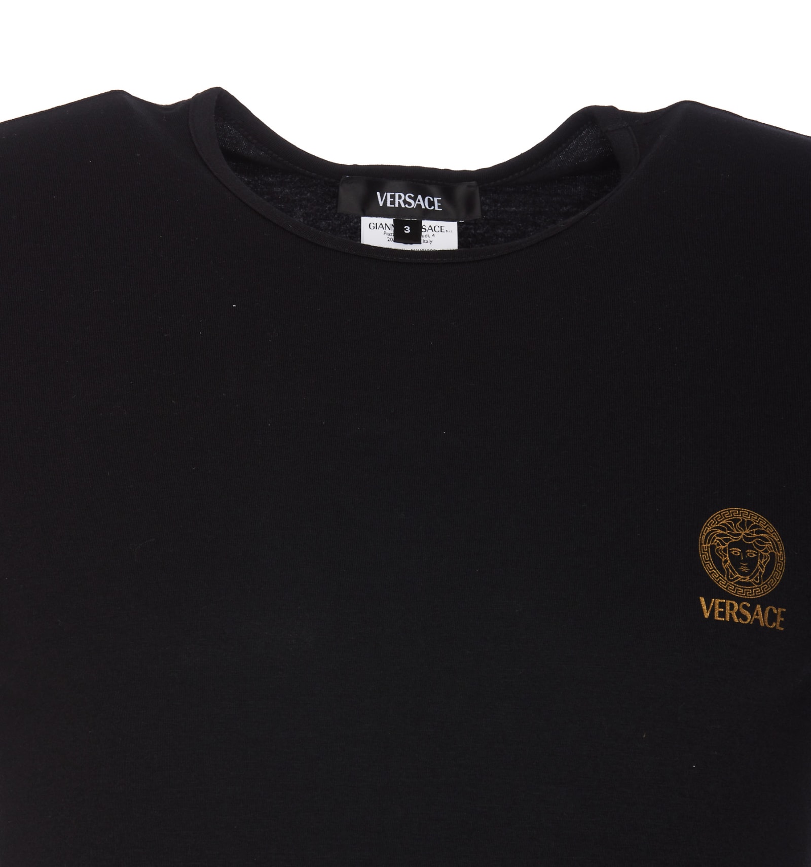 Versace Black Crewneck T-shirt With Medusa Logo Print In Stretch Cotton Man In Black