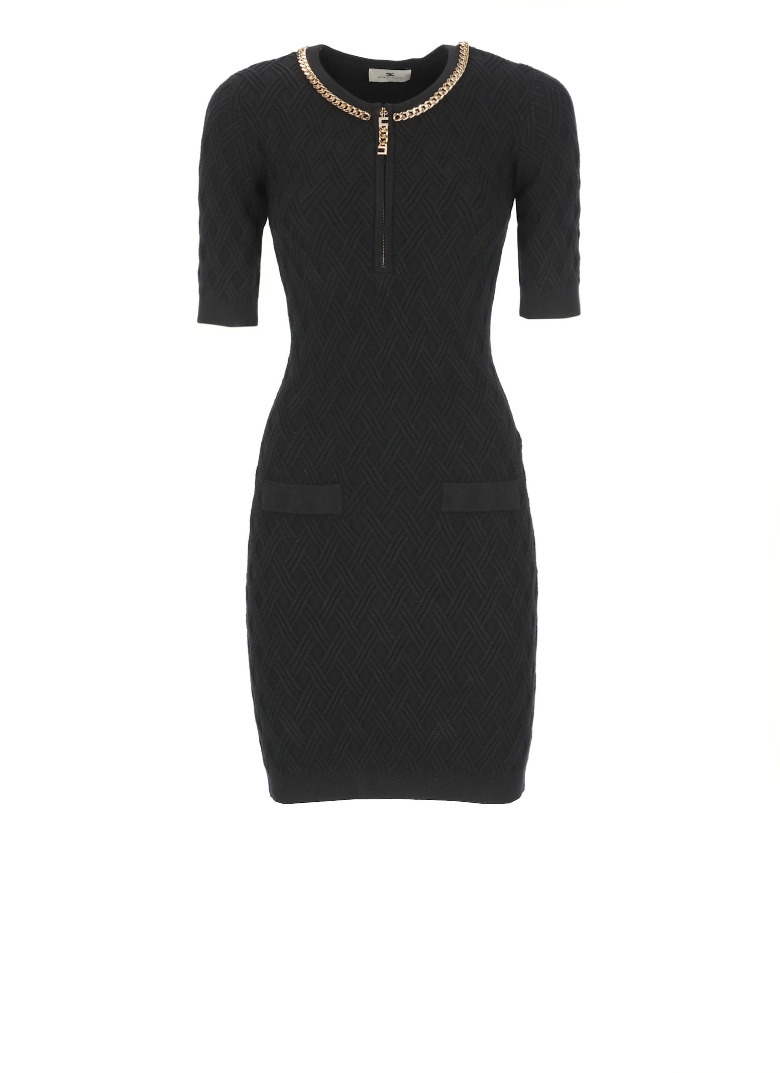 Elisabetta Franchi Mini Dress In Diamond Knit With Black Jewel Detail In Black