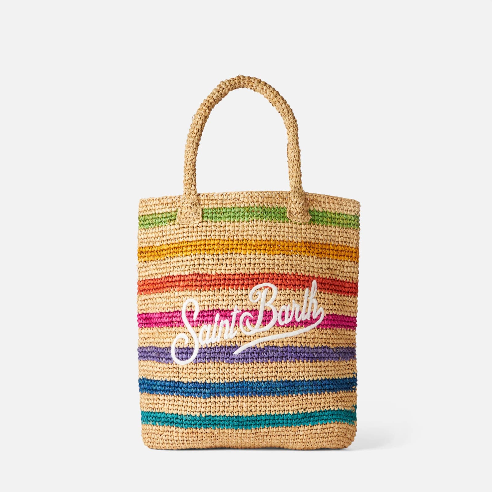 Shop Mc2 Saint Barth Raffia Bucket Bag With Multicolor Stripes And Embroidery