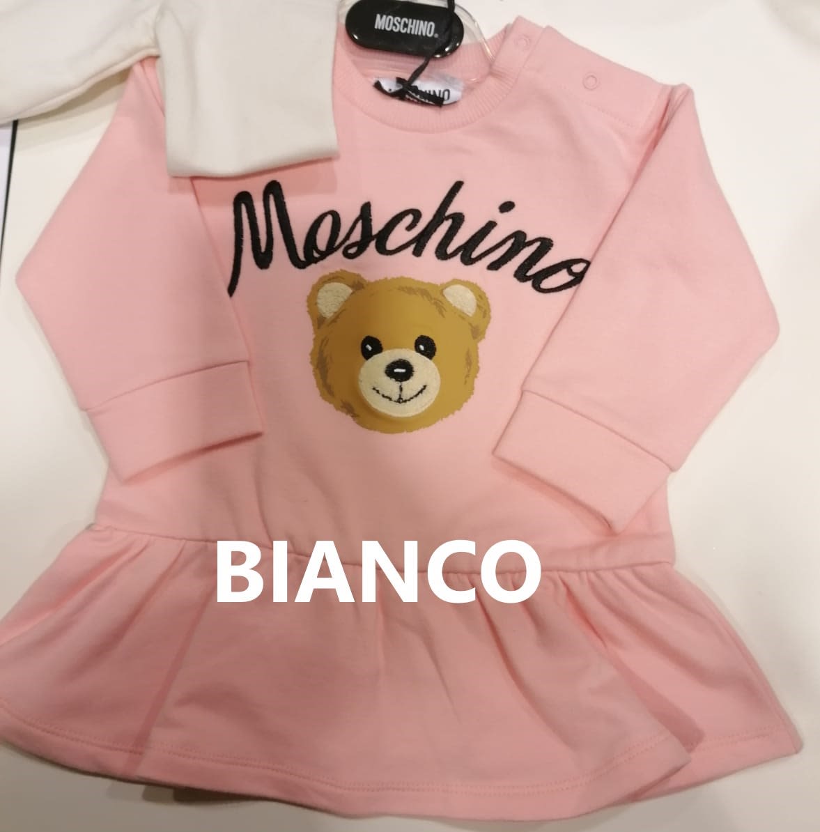 Moschino White Dress For Baby Girl With Teddy Baer And Logo
