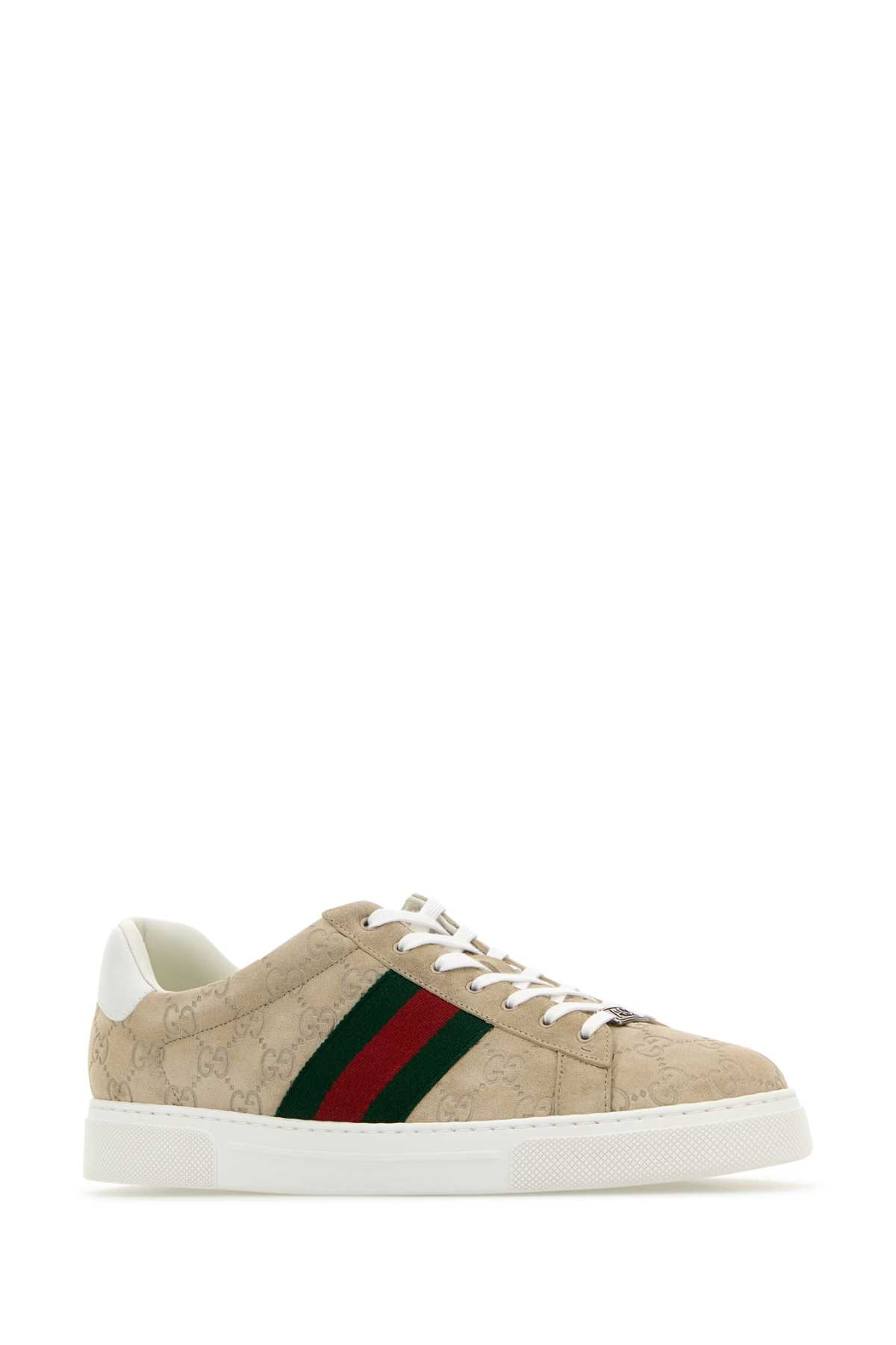 Shop Gucci Beige Suede  Ace Sneakers In Oatmealoatvrvgrw