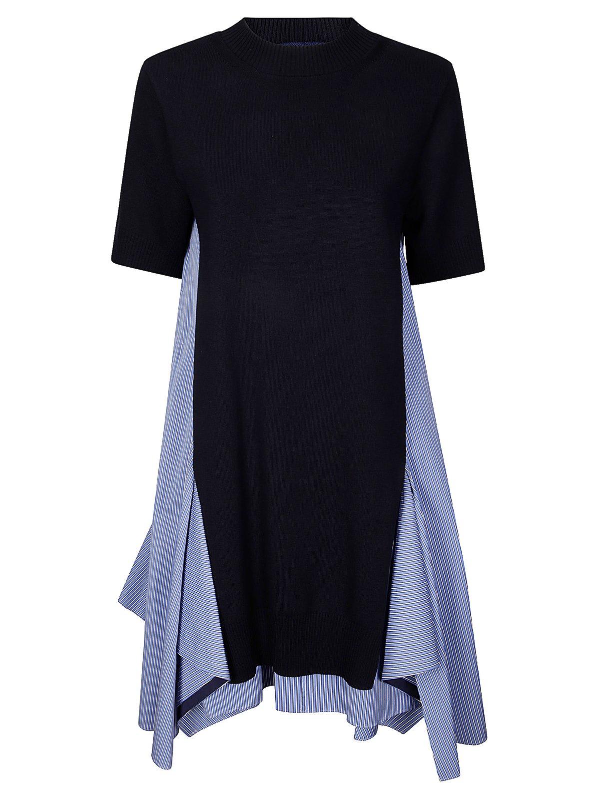 Sacai Cotton And Knit Dress With Asymmetric Hem In Navy×blue Stripe